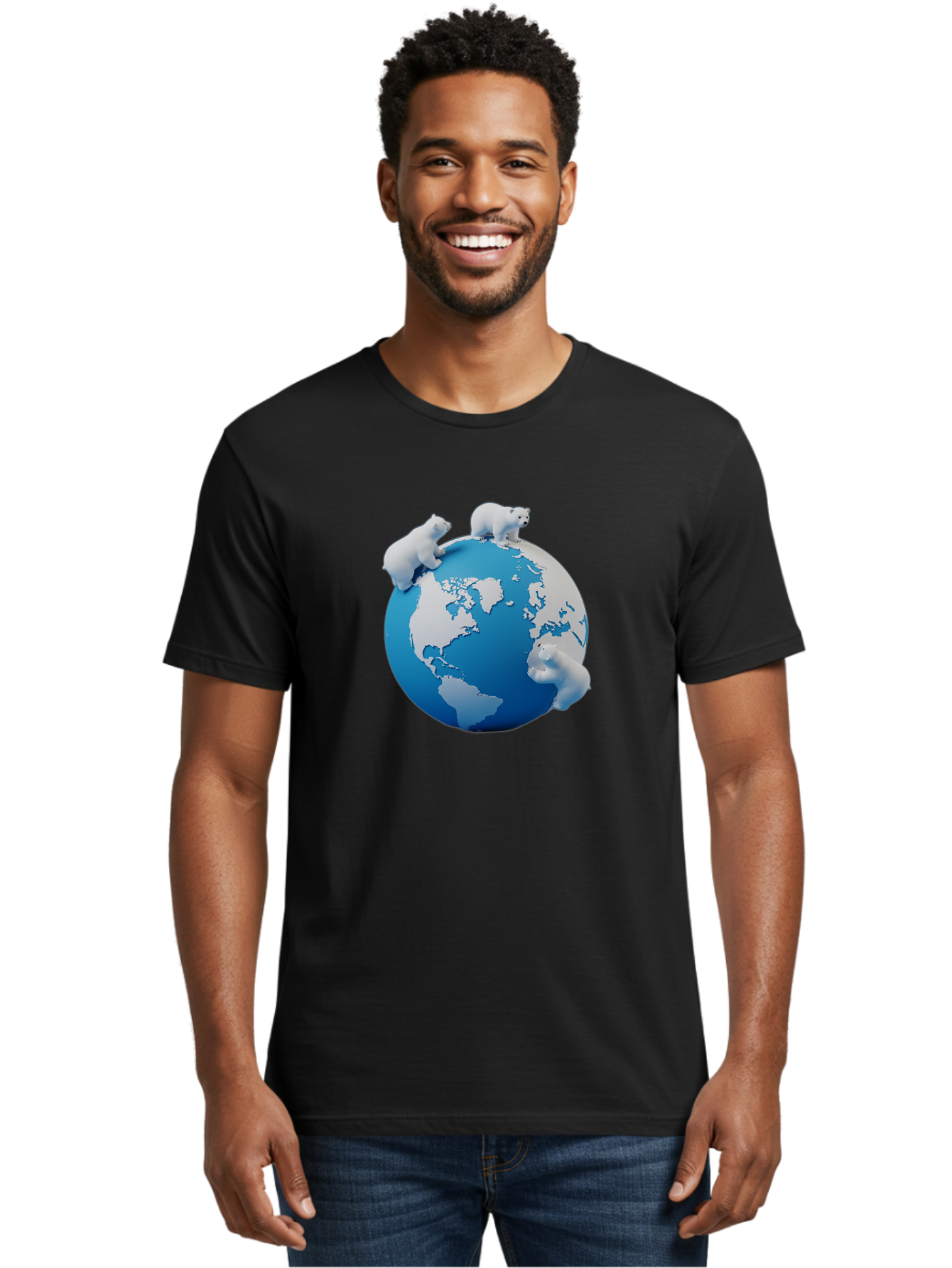 Polar-Bears-On-Globe Men'S Graphic Tee, 100% Cotton, Comfortable Casual Summer Wear, Machine Washable, Polar Bears On Globe, Global Unity, World Map, Wildlife Conservation, Environmental Awareness, Polar Bear Protection, Eco-Friendly, Bab210