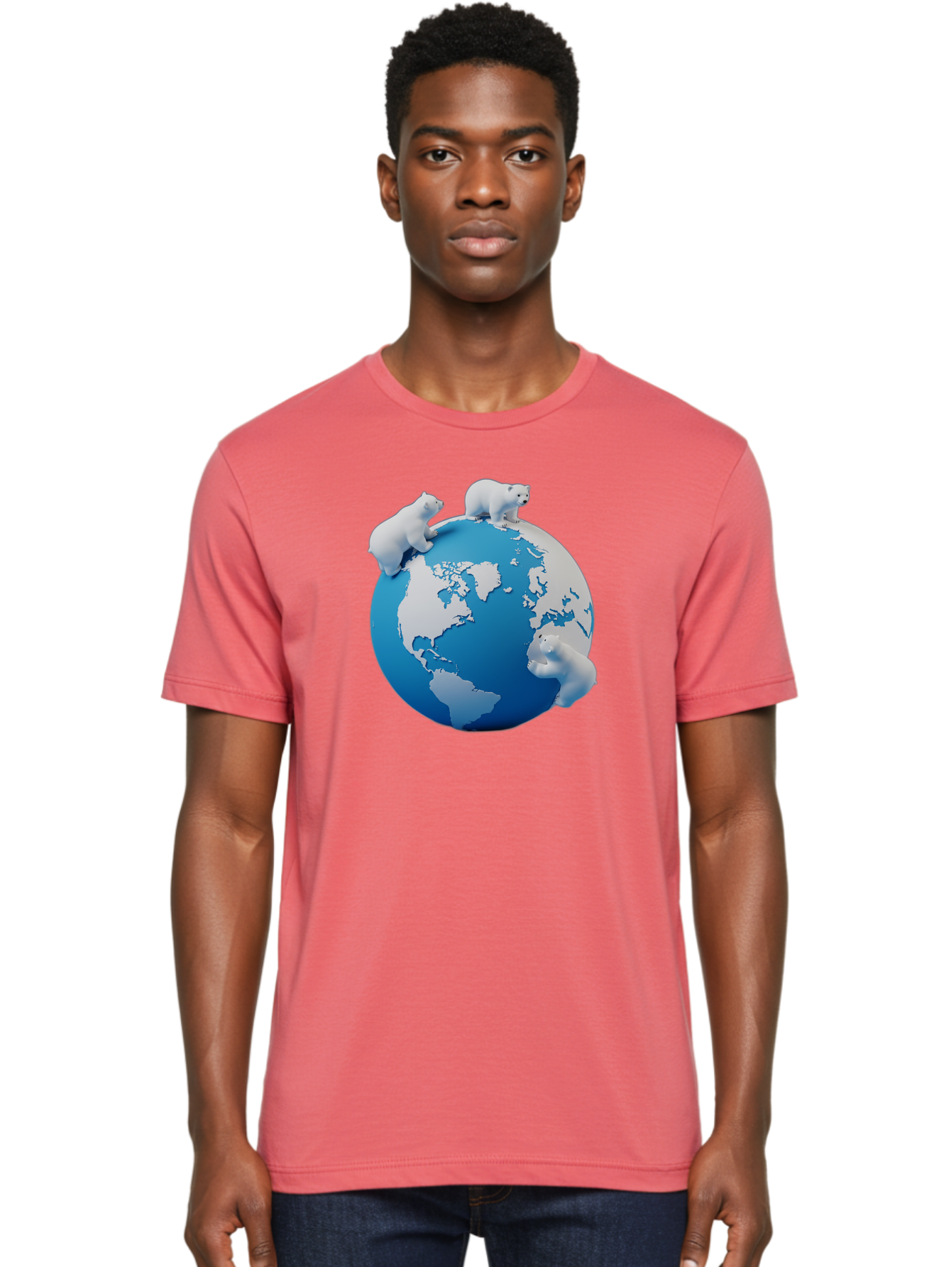 Polar-Bears-On-Globe Men'S Graphic Tee, 100% Cotton, Comfortable Casual Summer Wear, Machine Washable, Polar Bears On Globe, Global Unity, World Map, Wildlife Conservation, Environmental Awareness, Polar Bear Protection, Eco-Friendly, Bab210