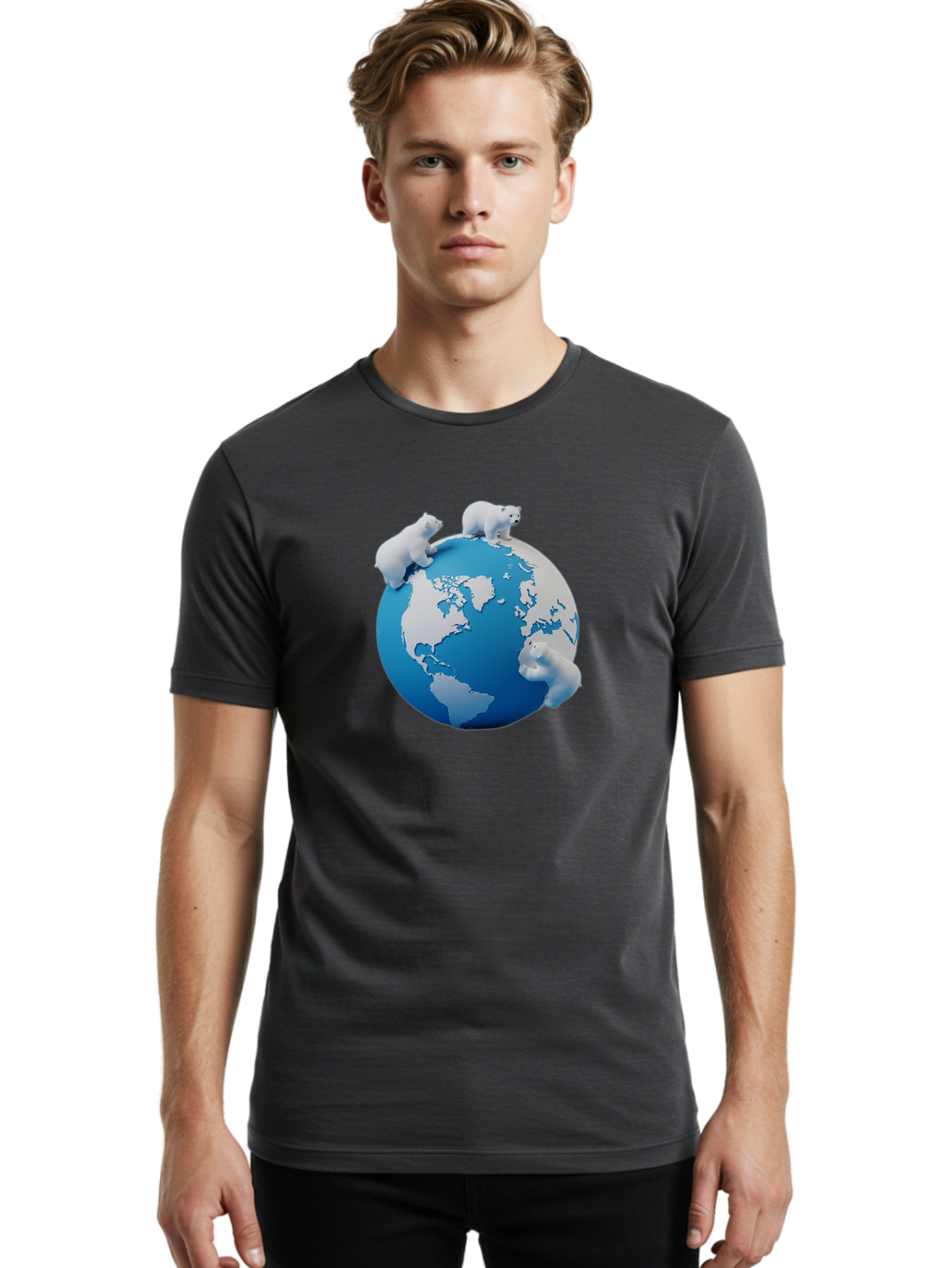Polar-Bears-On-Globe Men'S Graphic Tee, 100% Cotton, Comfortable Casual Summer Wear, Machine Washable, Polar Bears On Globe, Global Unity, World Map, Wildlife Conservation, Environmental Awareness, Polar Bear Protection, Eco-Friendly, Bab210