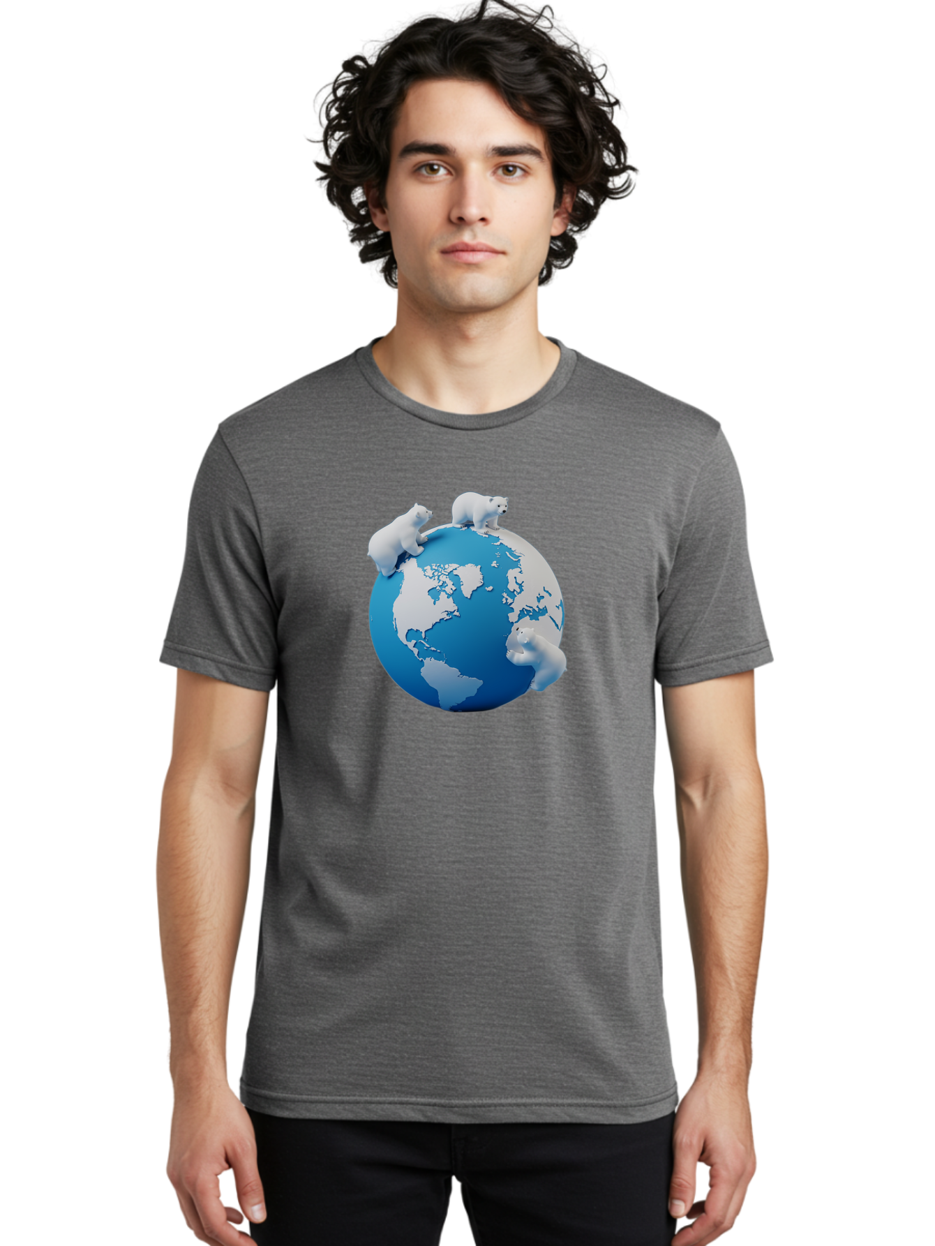Polar-Bears-On-Globe Men'S Graphic Tee, 100% Cotton, Comfortable Casual Summer Wear, Machine Washable, Polar Bears On Globe, Global Unity, World Map, Wildlife Conservation, Environmental Awareness, Polar Bear Protection, Eco-Friendly, Bab210