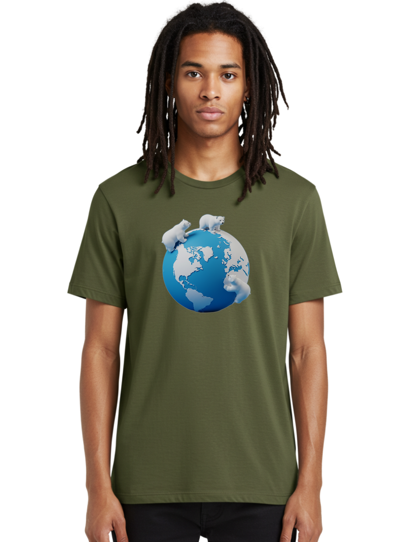 Polar-Bears-On-Globe Men'S Graphic Tee, 100% Cotton, Comfortable Casual Summer Wear, Machine Washable, Polar Bears On Globe, Global Unity, World Map, Wildlife Conservation, Environmental Awareness, Polar Bear Protection, Eco-Friendly, Bab210
