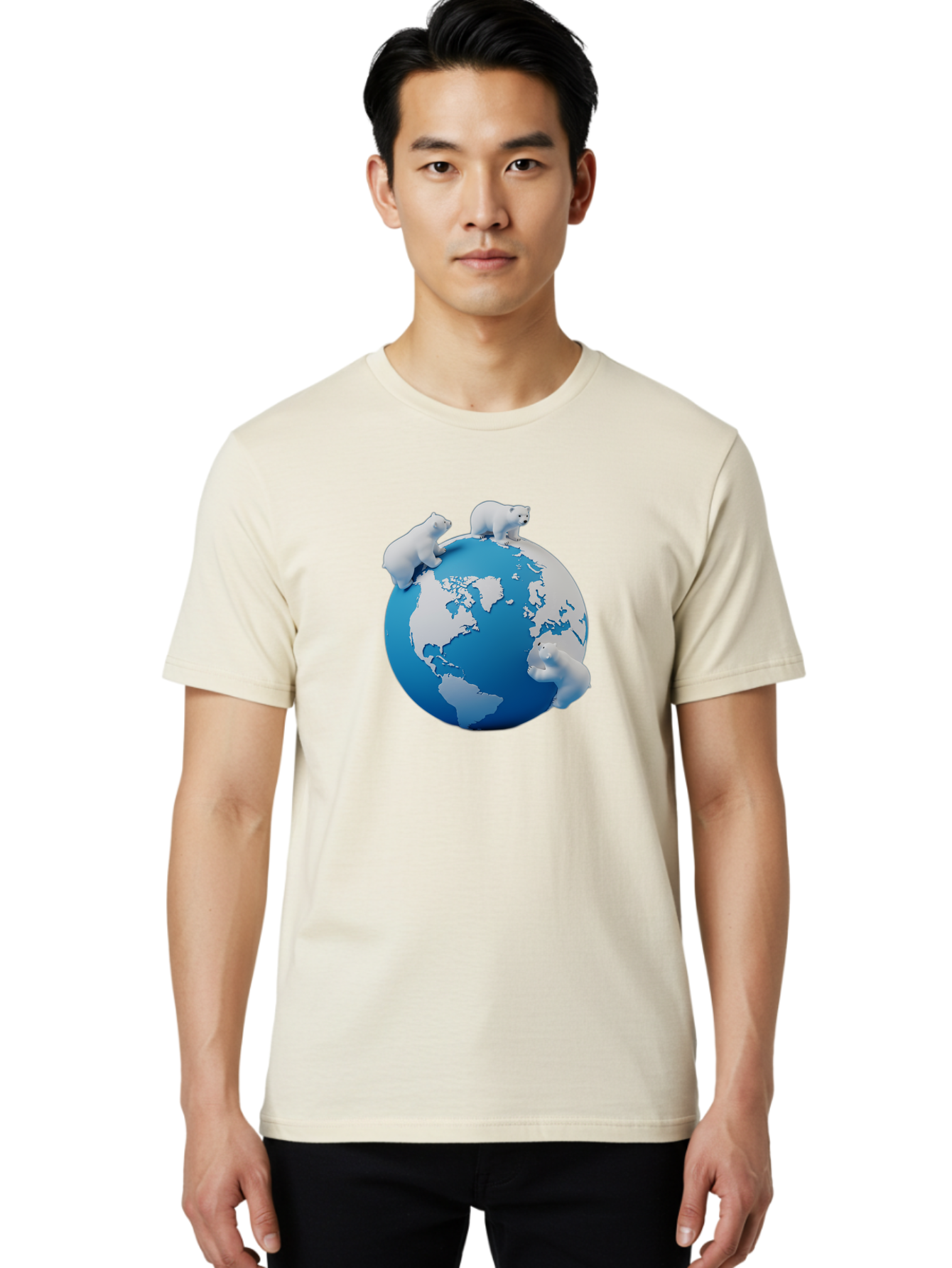 Polar-Bears-On-Globe Men'S Graphic Tee, 100% Cotton, Comfortable Casual Summer Wear, Machine Washable, Polar Bears On Globe, Global Unity, World Map, Wildlife Conservation, Environmental Awareness, Polar Bear Protection, Eco-Friendly, Bab210