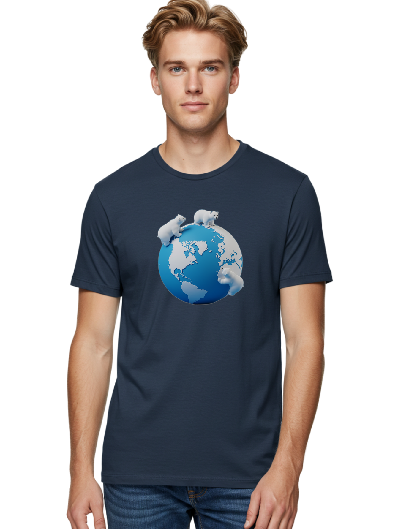 Polar-Bears-On-Globe Men'S Graphic Tee, 100% Cotton, Comfortable Casual Summer Wear, Machine Washable, Polar Bears On Globe, Global Unity, World Map, Wildlife Conservation, Environmental Awareness, Polar Bear Protection, Eco-Friendly, Bab210