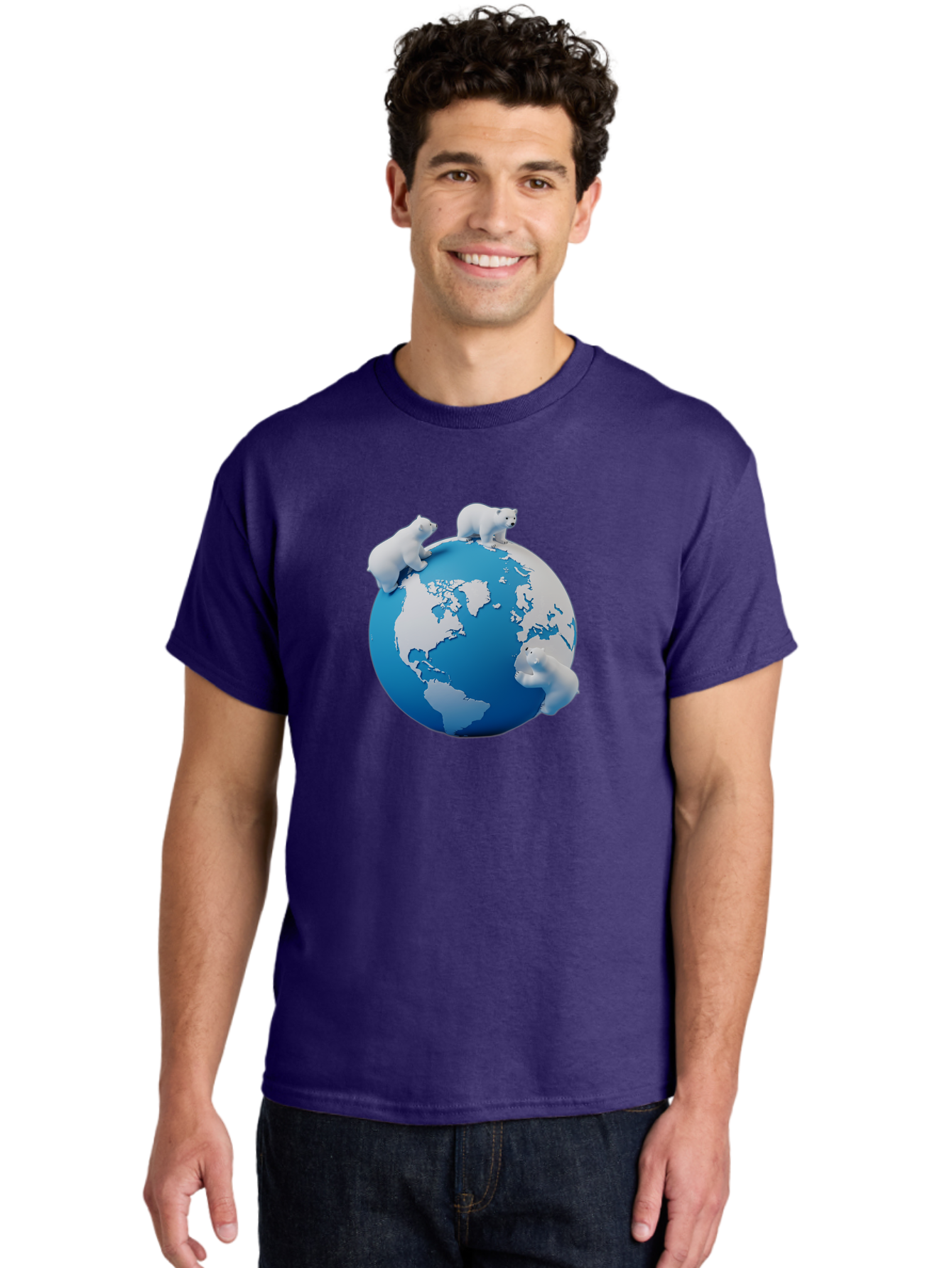 Polar-Bears-On-Globe Men'S Graphic Tee, 100% Cotton, Comfortable Casual Summer Wear, Machine Washable, Polar Bears On Globe, Global Unity, World Map, Wildlife Conservation, Environmental Awareness, Polar Bear Protection, Eco-Friendly, Bab210
