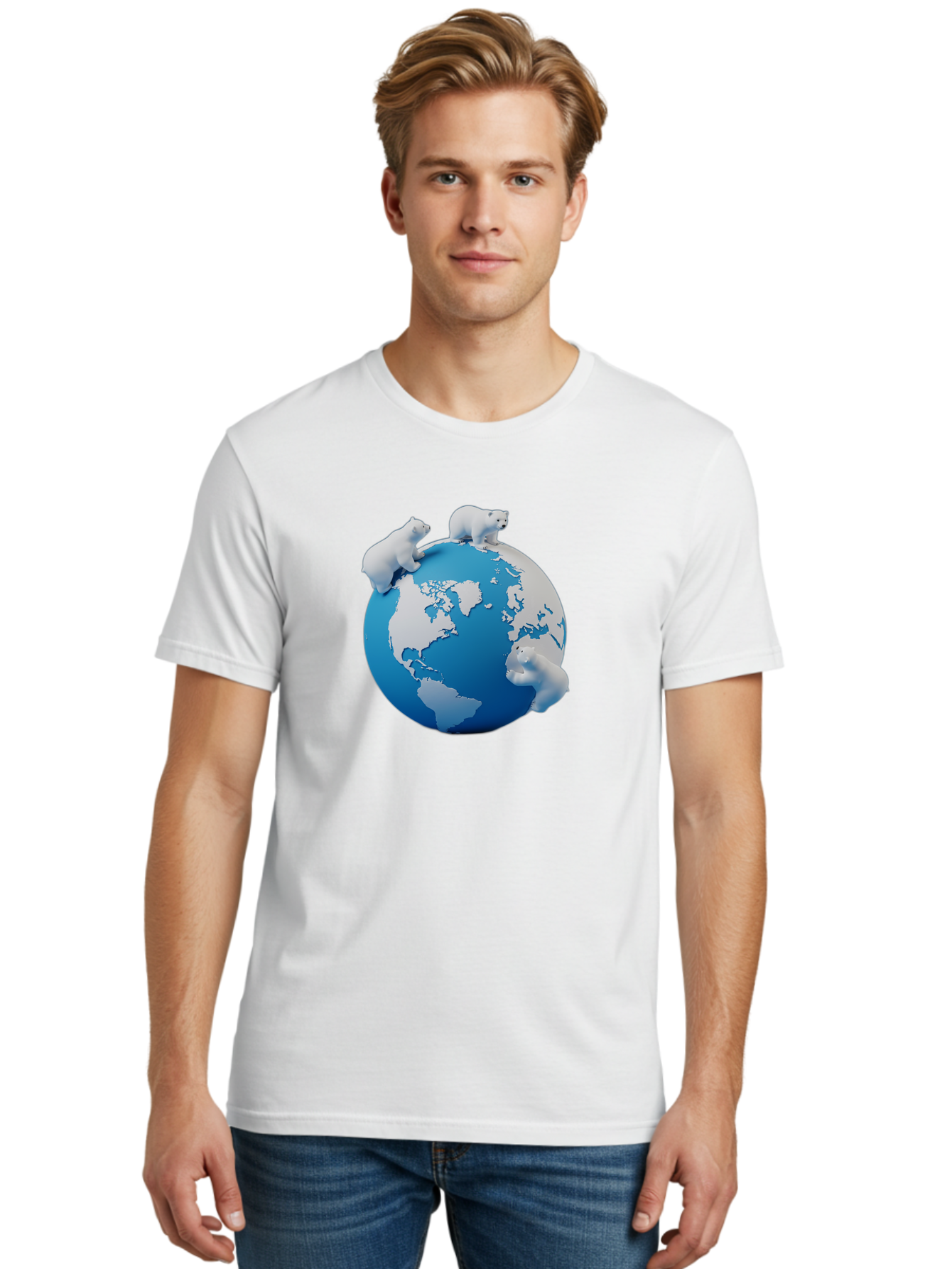 Polar-Bears-On-Globe Men'S Graphic Tee, 100% Cotton, Comfortable Casual Summer Wear, Machine Washable, Polar Bears On Globe, Global Unity, World Map, Wildlife Conservation, Environmental Awareness, Polar Bear Protection, Eco-Friendly, Bab210