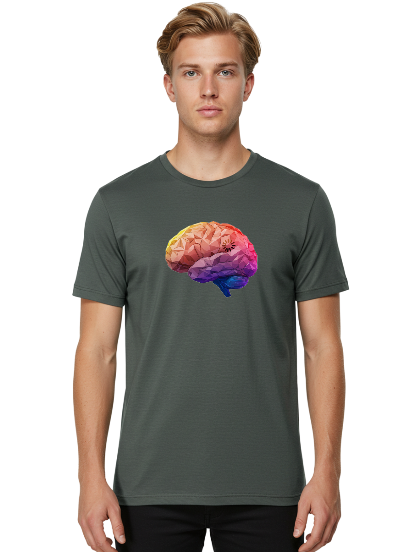 Polygonal-Brain Men'S Graphic Tee, 100% Cotton, Comfortable Casual Summer Wear, Machine Washable, Low Poly Brain, Colorful Brain, 3D Brain Model, Geometric Art, Brain Illustration, Neuroscience, Cognitive Function, Mental Health Awareness, Bab211