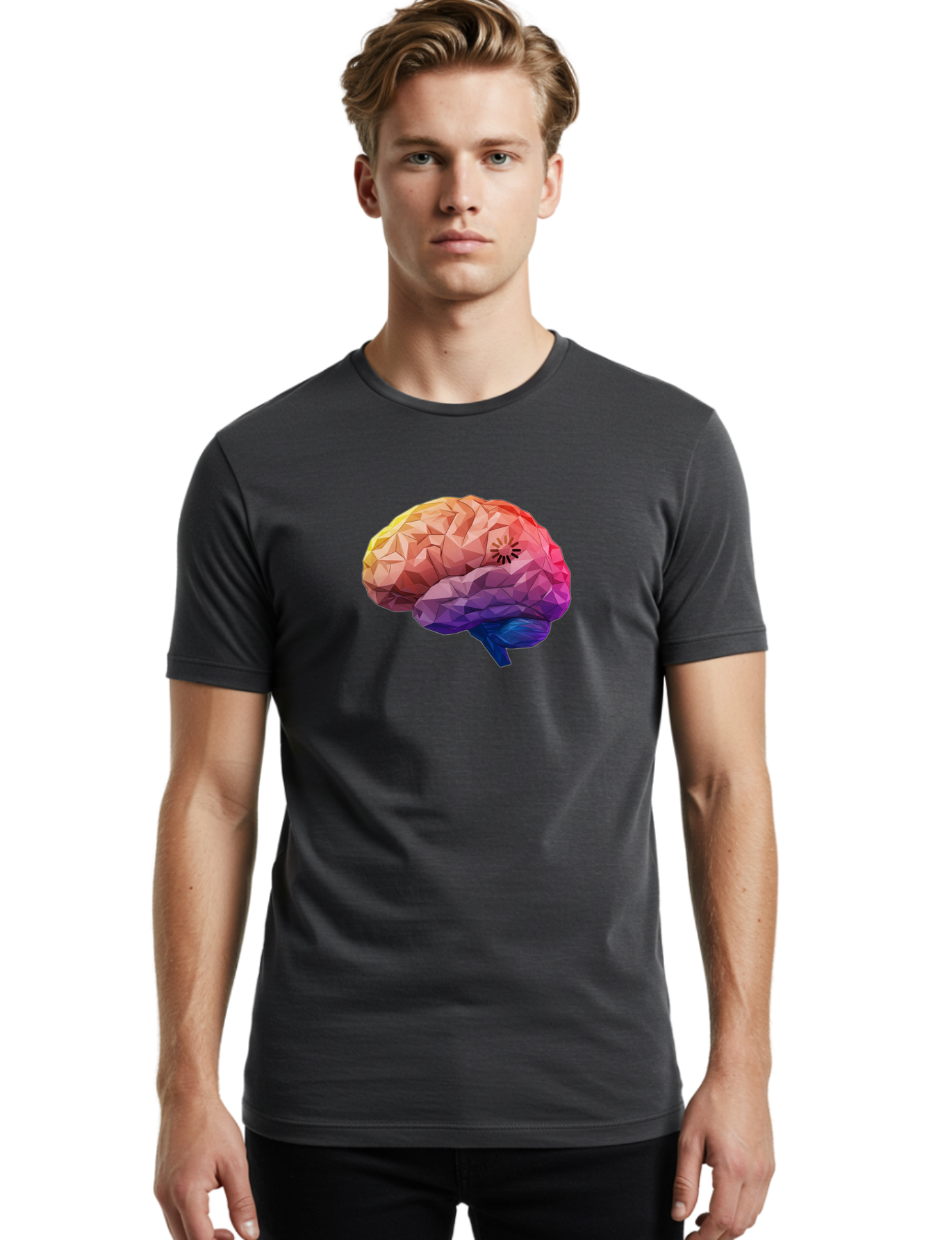 Polygonal-Brain Men'S Graphic Tee, 100% Cotton, Comfortable Casual Summer Wear, Machine Washable, Low Poly Brain, Colorful Brain, 3D Brain Model, Geometric Art, Brain Illustration, Neuroscience, Cognitive Function, Mental Health Awareness, Bab211