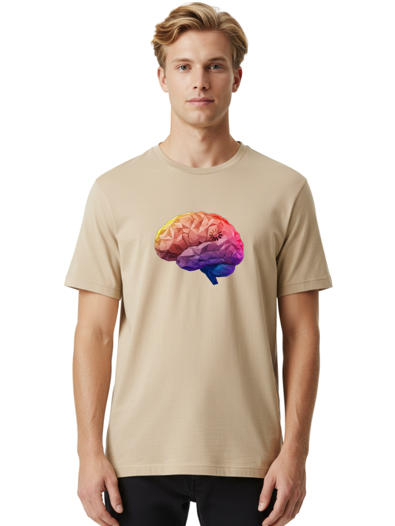 Polygonal-Brain Men'S Graphic Tee, 100% Cotton, Comfortable Casual Summer Wear, Machine Washable, Low Poly Brain, Colorful Brain, 3D Brain Model, Geometric Art, Brain Illustration, Neuroscience, Cognitive Function, Mental Health Awareness, Bab211