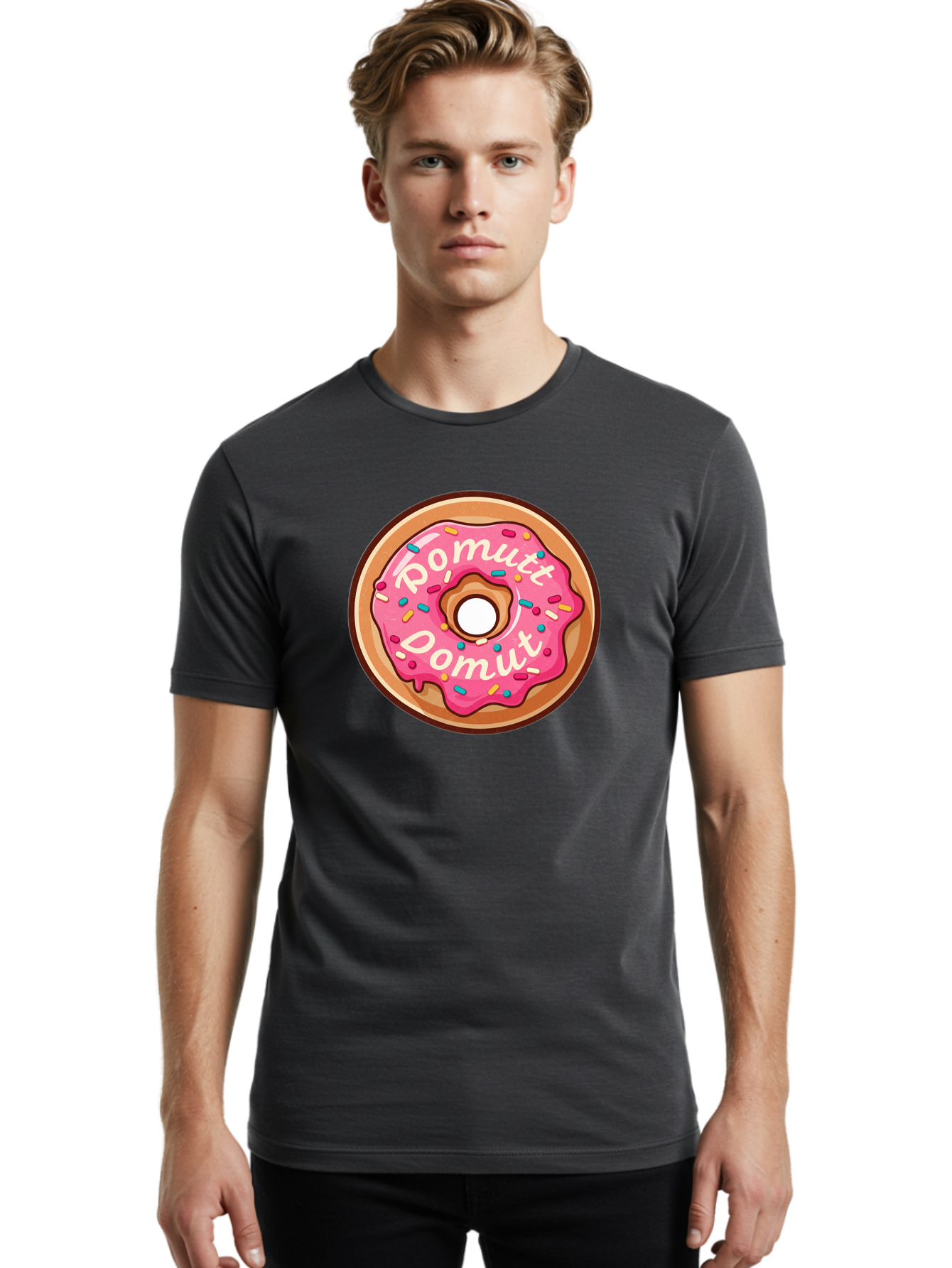 Pomutt-Pomutt-Donut Men'S Graphic Tee, 100% Cotton, Comfortable Casual Summer Wear, Machine Washable, Pink Frosted Donut, Donut With Sprinkles, Sweet Treat, Tasty Dessert, Colorful Donut, Pomutt Pomutt, Donut Illustration, Donut Art Bab212