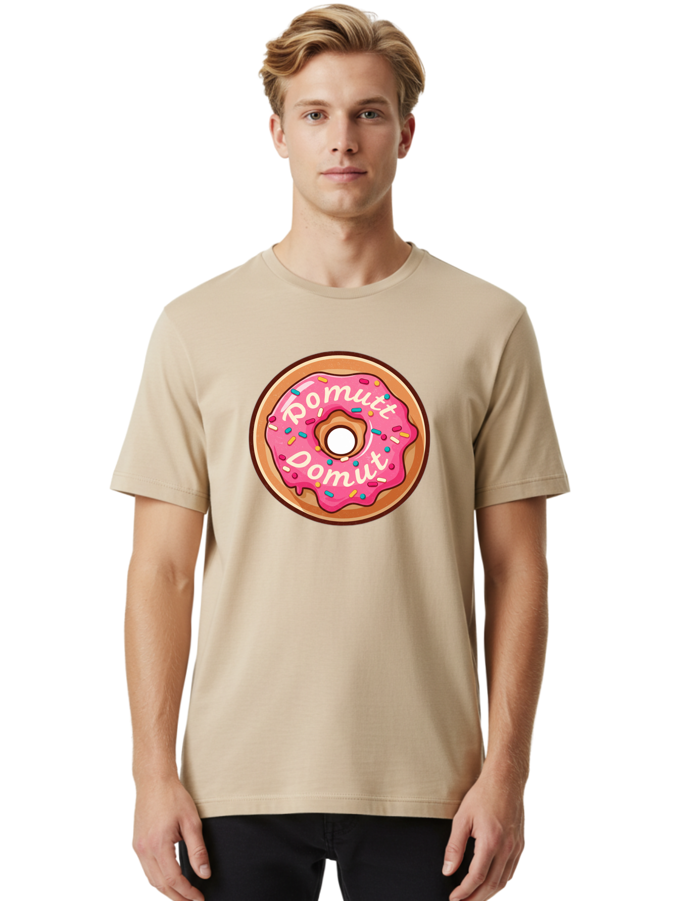 Pomutt-Pomutt-Donut Men'S Graphic Tee, 100% Cotton, Comfortable Casual Summer Wear, Machine Washable, Pink Frosted Donut, Donut With Sprinkles, Sweet Treat, Tasty Dessert, Colorful Donut, Pomutt Pomutt, Donut Illustration, Donut Art Bab212