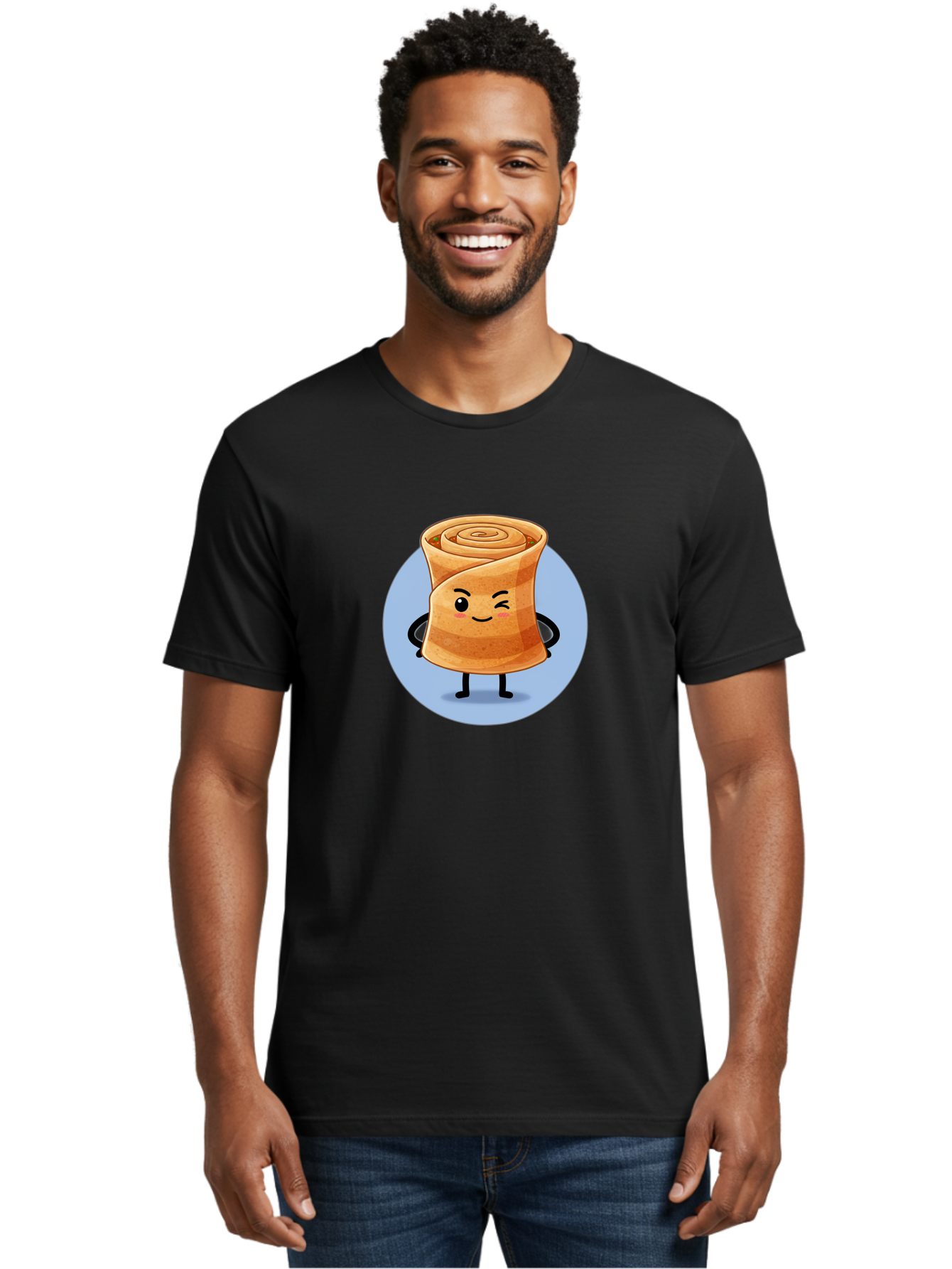 Popiah Men'S Graphic Tee, 100% Cotton, Comfortable Casual Summer Wear, Machine Washable, Cartoon Cinnamon Roll, Smiling Face, Winking, Cute Pastry, Baked Goods, Sweet Treats, Delicious Dessert, Kawaii Character, Adorable Illustration Bab213