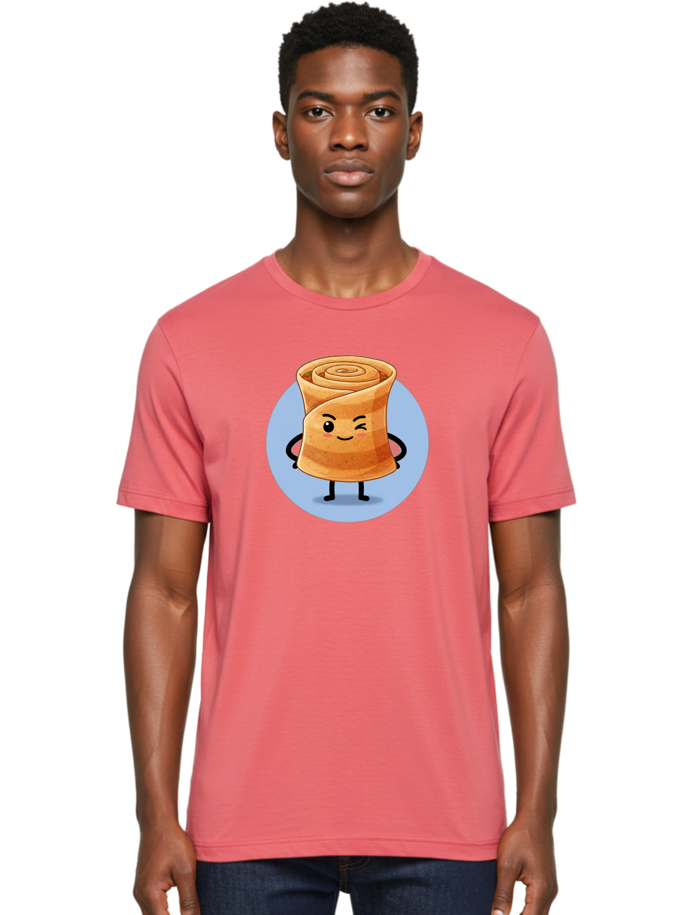 Popiah Men'S Graphic Tee, 100% Cotton, Comfortable Casual Summer Wear, Machine Washable, Cartoon Cinnamon Roll, Smiling Face, Winking, Cute Pastry, Baked Goods, Sweet Treats, Delicious Dessert, Kawaii Character, Adorable Illustration Bab213