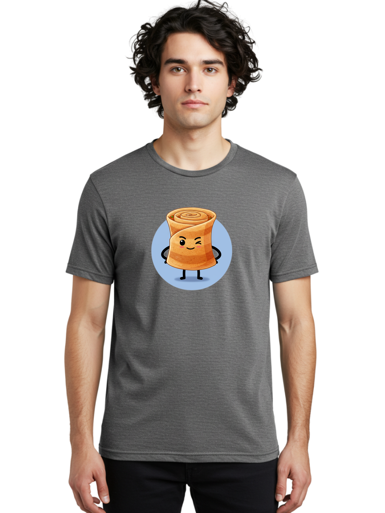 Popiah Men'S Graphic Tee, 100% Cotton, Comfortable Casual Summer Wear, Machine Washable, Cartoon Cinnamon Roll, Smiling Face, Winking, Cute Pastry, Baked Goods, Sweet Treats, Delicious Dessert, Kawaii Character, Adorable Illustration Bab213