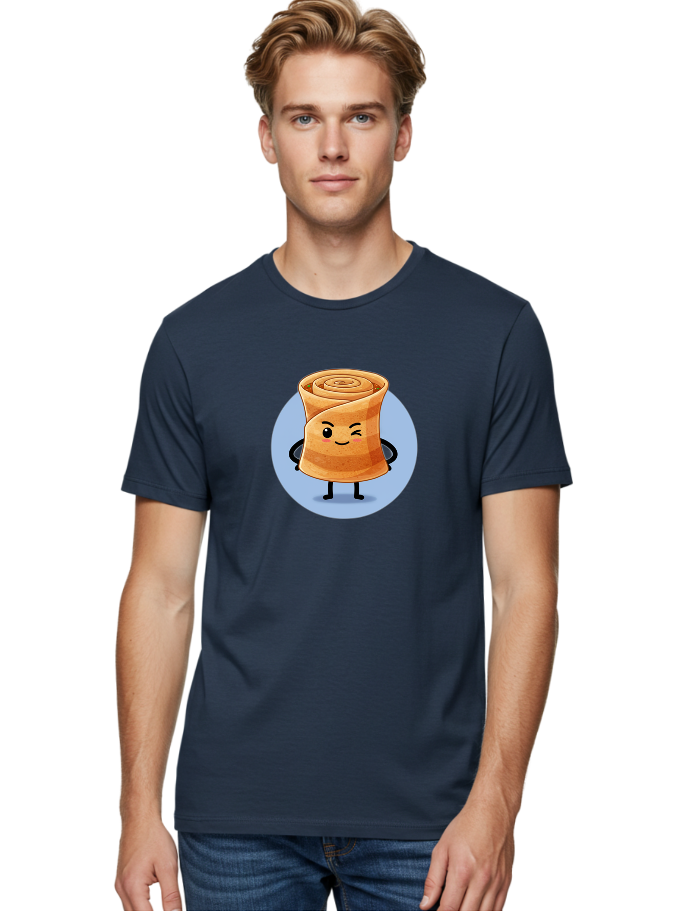 Popiah Men'S Graphic Tee, 100% Cotton, Comfortable Casual Summer Wear, Machine Washable, Cartoon Cinnamon Roll, Smiling Face, Winking, Cute Pastry, Baked Goods, Sweet Treats, Delicious Dessert, Kawaii Character, Adorable Illustration Bab213