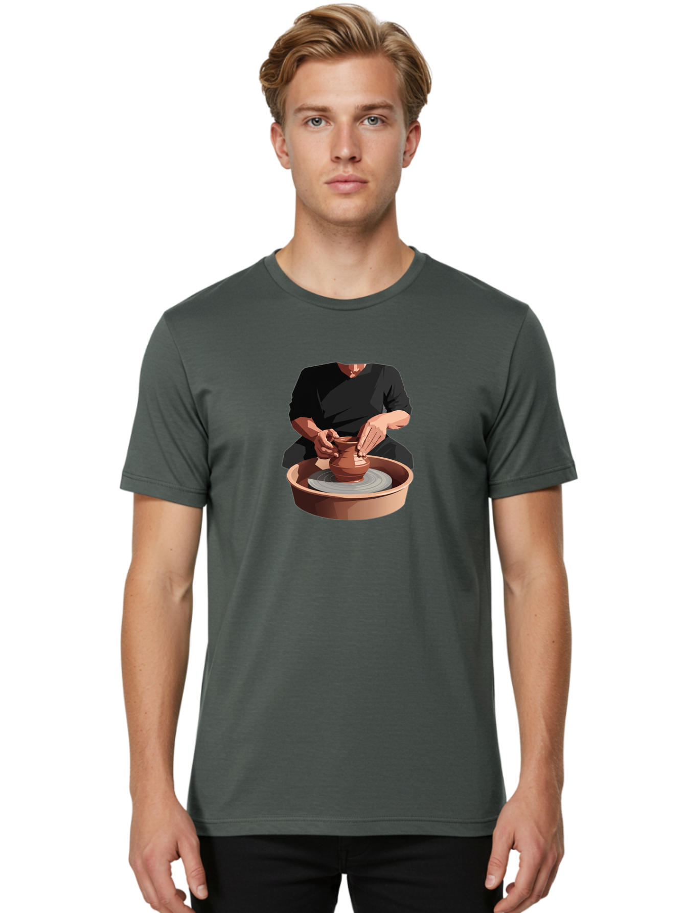 Potter-At-Work-1 Men'S Graphic Tee, 100% Cotton, Comfortable Casual Summer Wear, Machine Washable, Potter Shaping Clay Pot, Pottery Wheel In Action, Pottery Making Process, Hands-On Craftsmanship, Clay Vessel Creation, Artistic Expression, Bab219