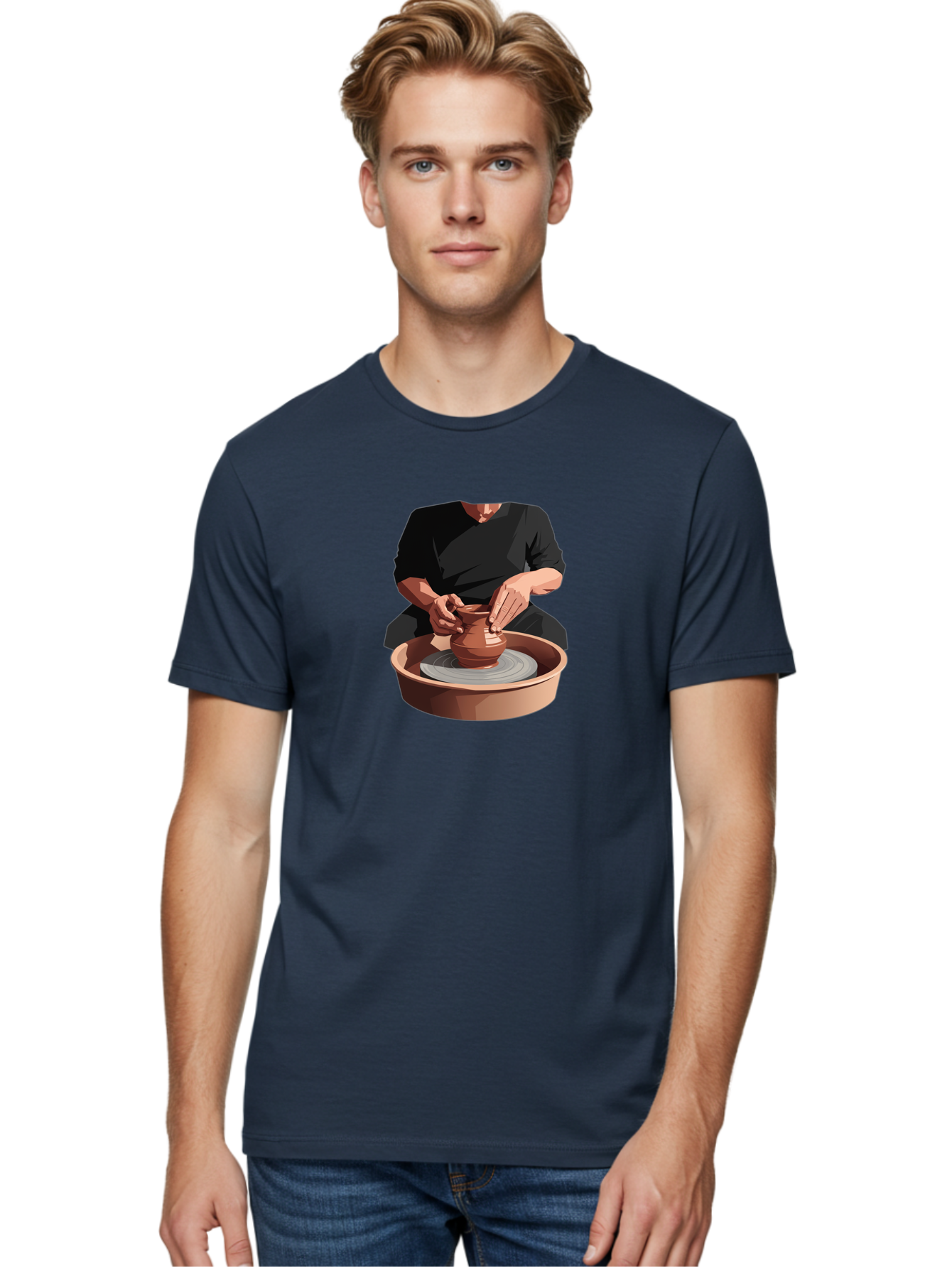 Potter-At-Work-1 Men'S Graphic Tee, 100% Cotton, Comfortable Casual Summer Wear, Machine Washable, Potter Shaping Clay Pot, Pottery Wheel In Action, Pottery Making Process, Hands-On Craftsmanship, Clay Vessel Creation, Artistic Expression, Bab219