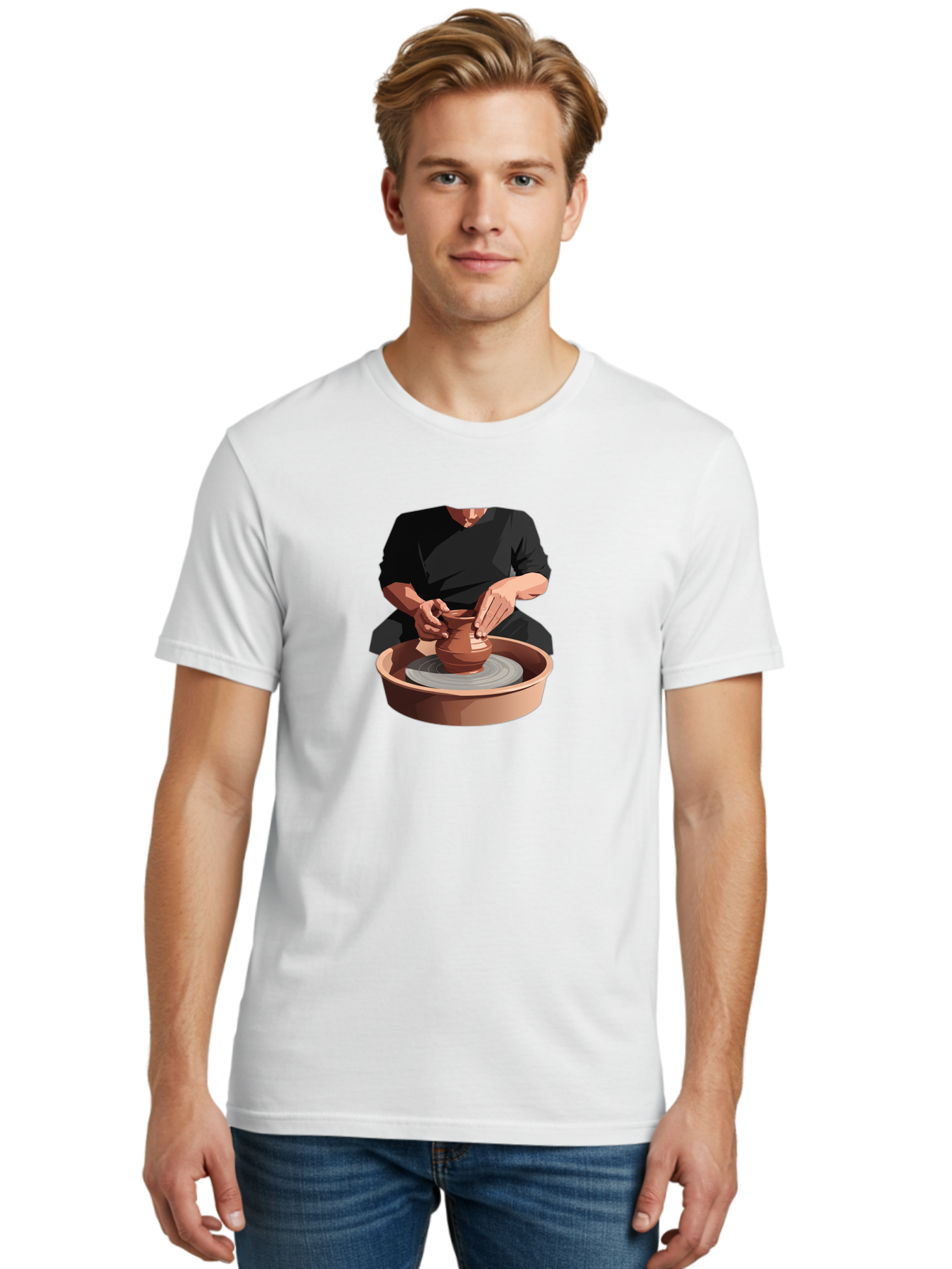 Potter-At-Work-1 Men'S Graphic Tee, 100% Cotton, Comfortable Casual Summer Wear, Machine Washable, Potter Shaping Clay Pot, Pottery Wheel In Action, Pottery Making Process, Hands-On Craftsmanship, Clay Vessel Creation, Artistic Expression, Bab219