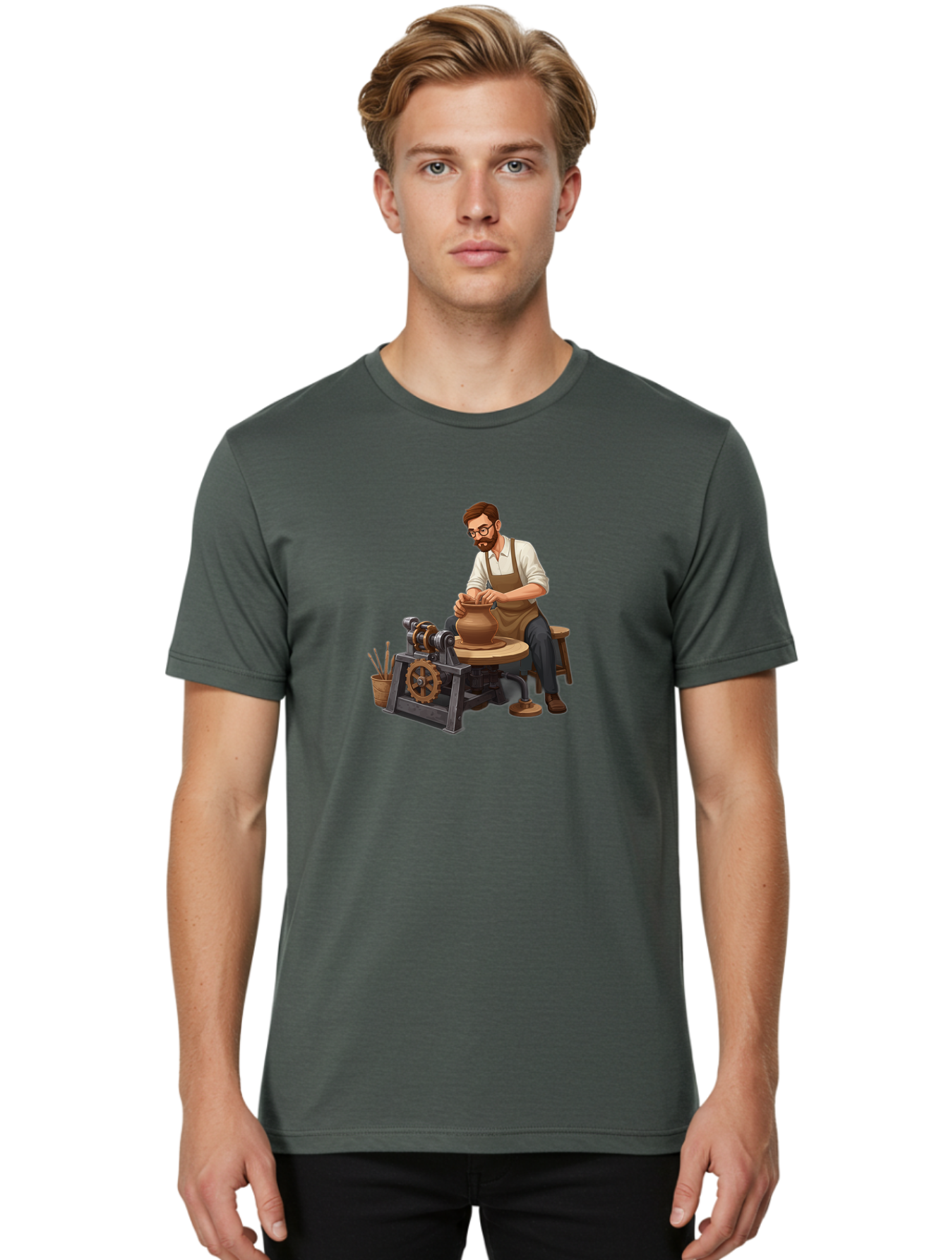 Potter-At-Work-10 Men'S Graphic Tee, 100% Cotton, Comfortable Casual Summer Wear, Machine Washable, Potter Creating Ceramics, Pottery Wheel In Action, Clay Vessel Being Shaped, Artisan At Work, Creative Process, Skilled Craftsmanship, Bab220