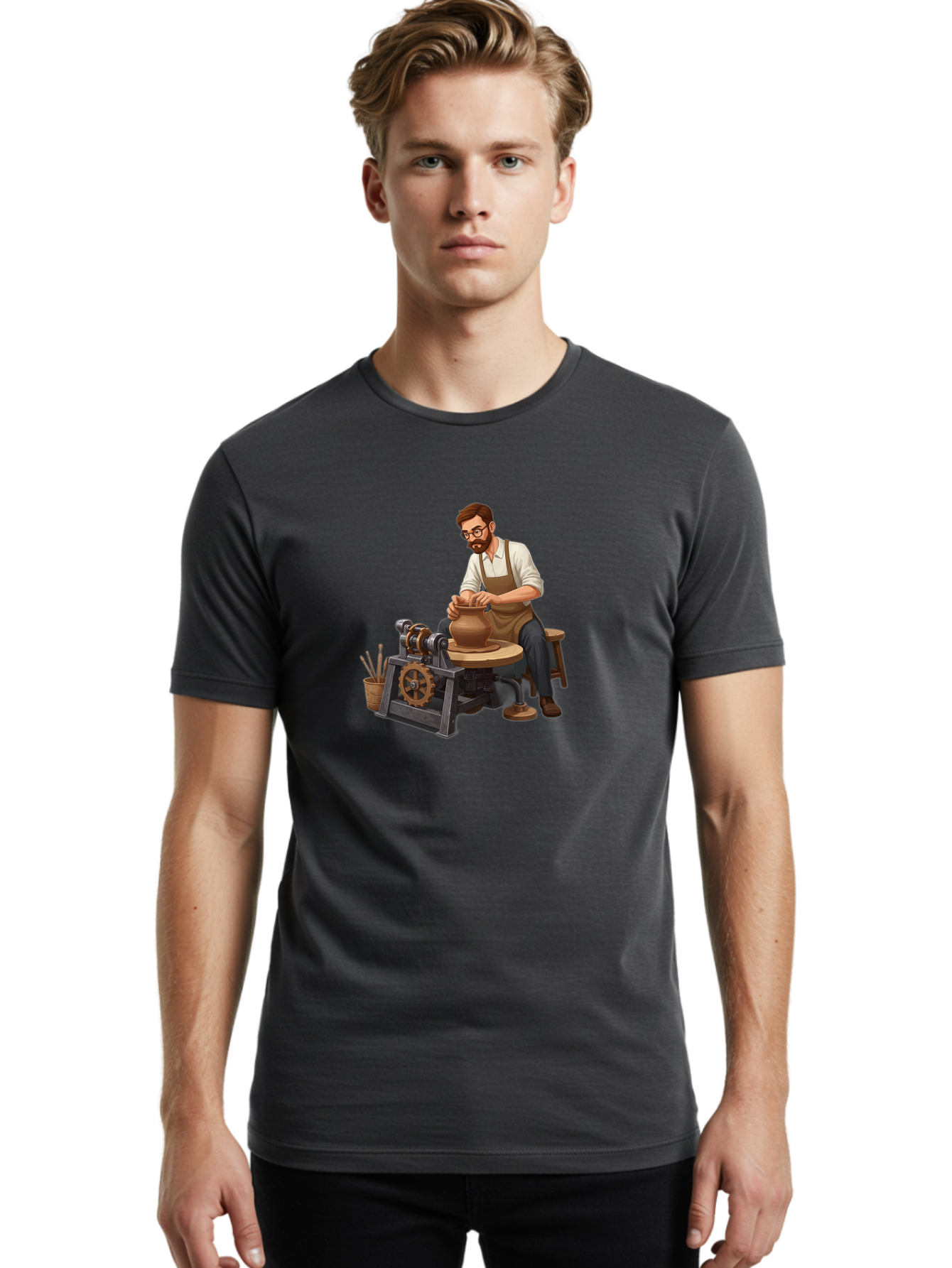Potter-At-Work-10 Men'S Graphic Tee, 100% Cotton, Comfortable Casual Summer Wear, Machine Washable, Potter Creating Ceramics, Pottery Wheel In Action, Clay Vessel Being Shaped, Artisan At Work, Creative Process, Skilled Craftsmanship, Bab220