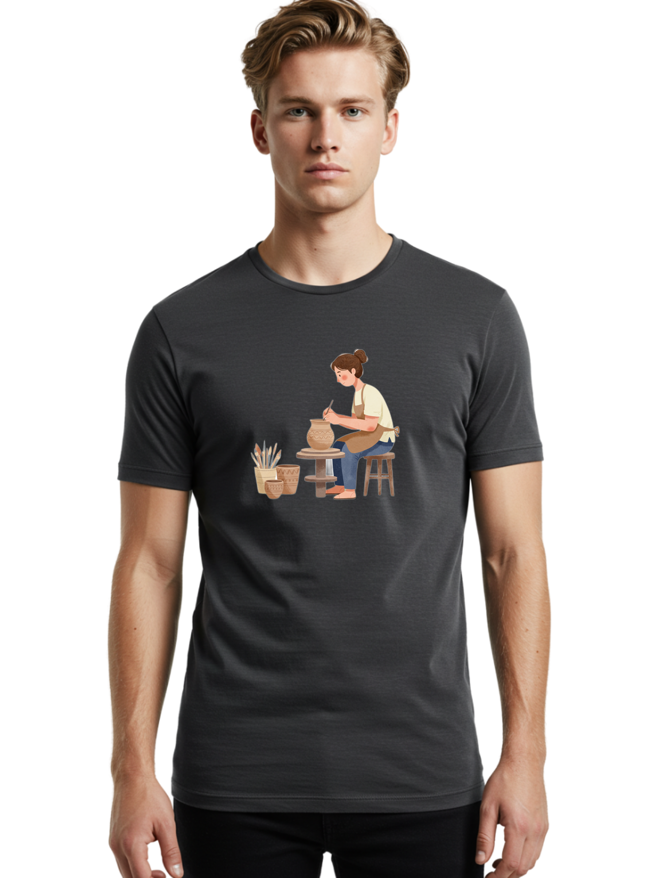 Potter-At-Work-2 Men'S Graphic Tee, 100% Cotton, Comfortable Casual Summer Wear, Machine Washable, Pottery Wheel, Clay Vase, Artistic Creation, Hand-Painted Ceramics, Artisan At Work, Creative Process, Pottery Tools, Decorative Pottery, Bab221
