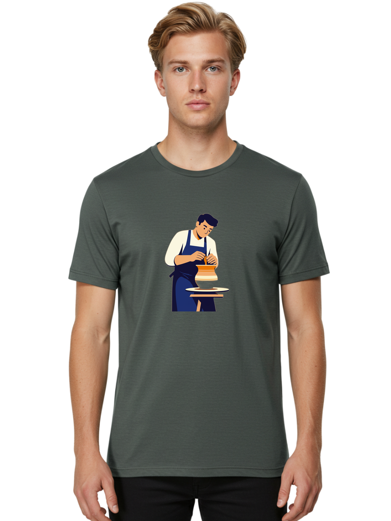 Potter-At-Work-3 Men'S Graphic Tee, 100% Cotton, Comfortable Casual Summer Wear, Machine Washable, Potter Shaping Clay, Pottery Wheel, Ceramic Art, Handmade Crafts, Skilled Artisan, Creative Process, Clay Modeling, Pottery Making Bab222
