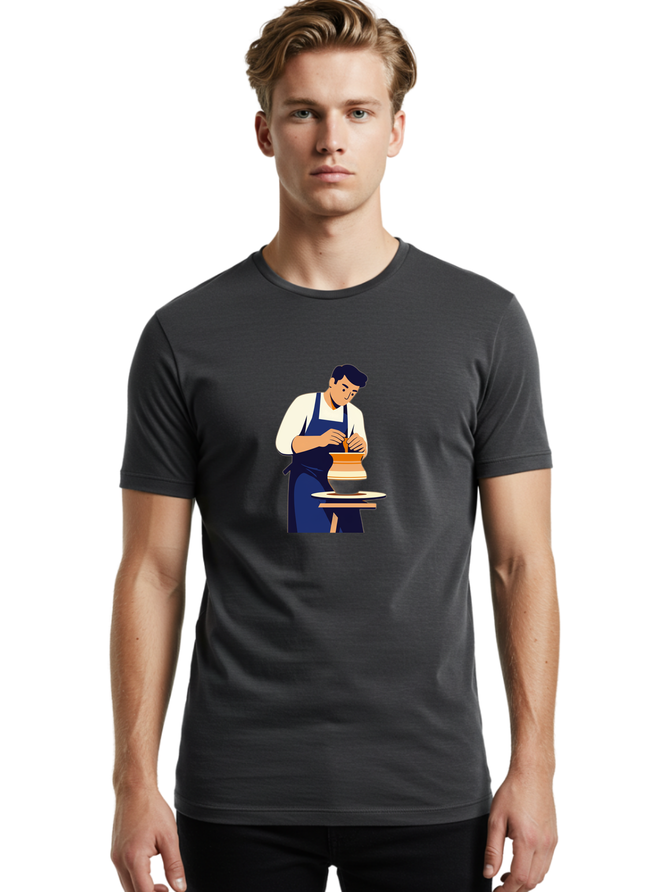 Potter-At-Work-3 Men'S Graphic Tee, 100% Cotton, Comfortable Casual Summer Wear, Machine Washable, Potter Shaping Clay, Pottery Wheel, Ceramic Art, Handmade Crafts, Skilled Artisan, Creative Process, Clay Modeling, Pottery Making Bab222