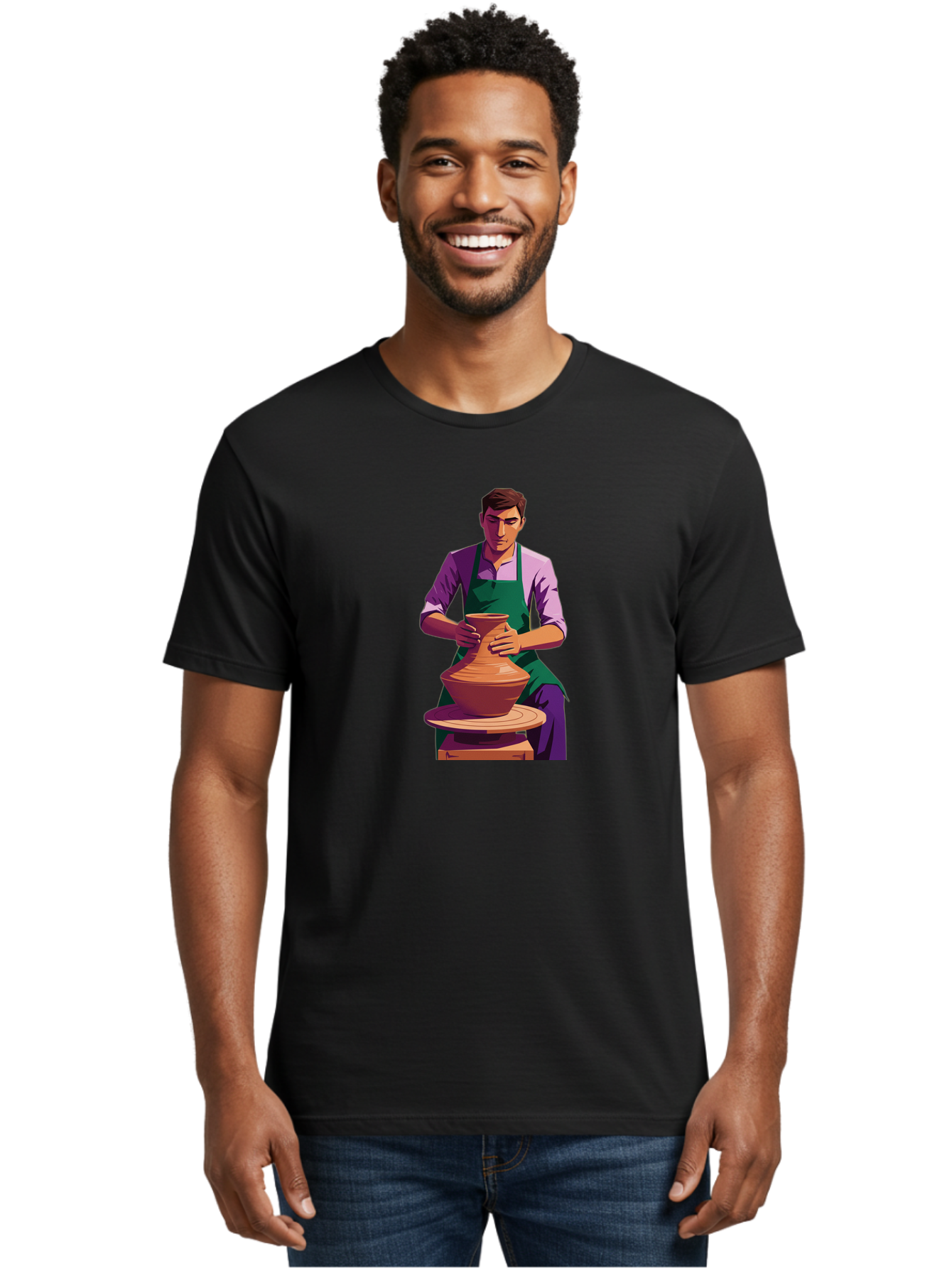 Potter-At-Work-5 Men'S Graphic Tee, 100% Cotton, Comfortable Casual Summer Wear, Machine Washable, Potter Shaping Clay, Handmade Pottery, Ceramic Art, Potter'S Wheel, Craftsmanship, Artisan Skills, Creative Process, Clay Modeling, Bab224