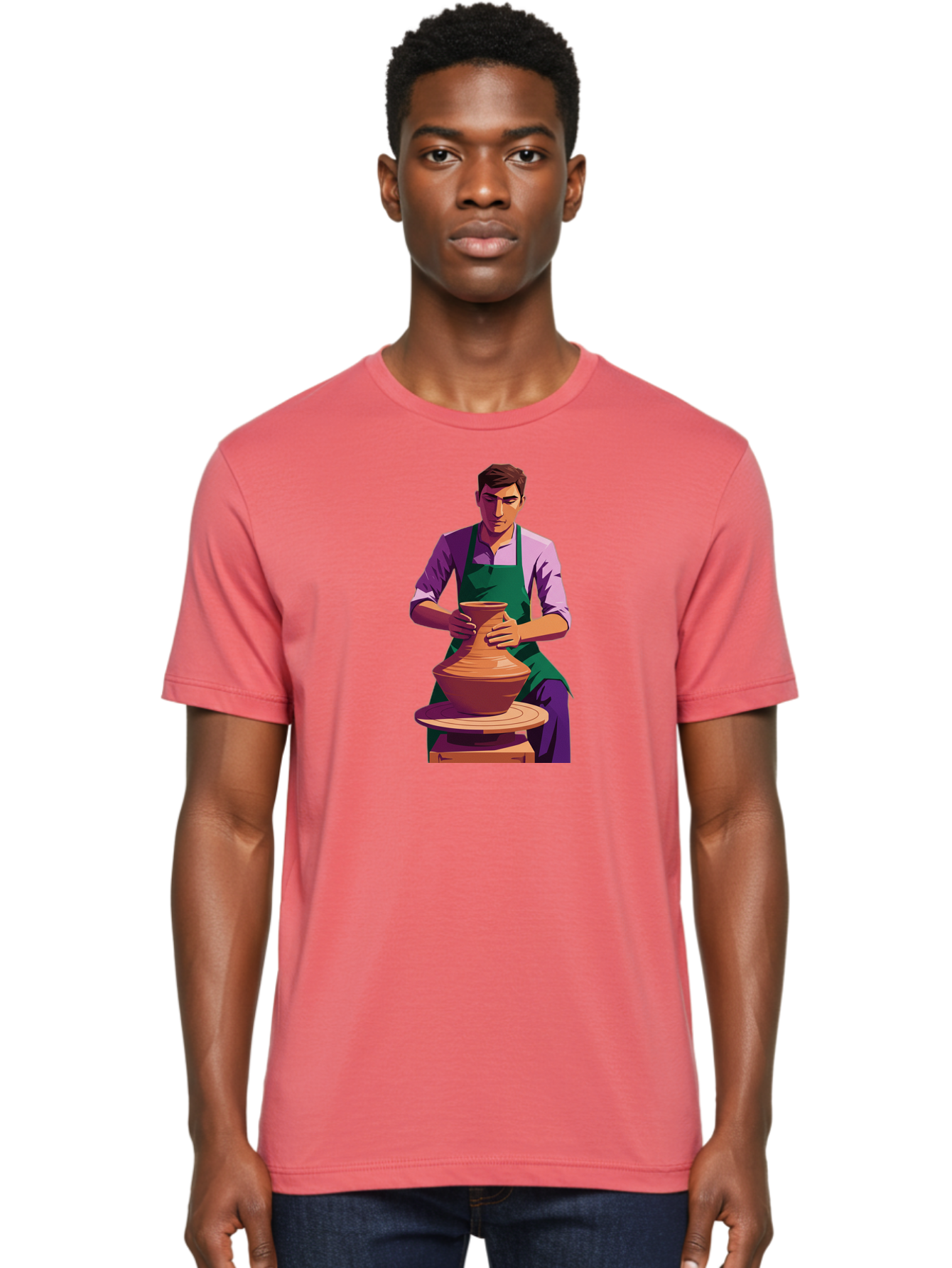 Potter-At-Work-5 Men'S Graphic Tee, 100% Cotton, Comfortable Casual Summer Wear, Machine Washable, Potter Shaping Clay, Handmade Pottery, Ceramic Art, Potter'S Wheel, Craftsmanship, Artisan Skills, Creative Process, Clay Modeling, Bab224