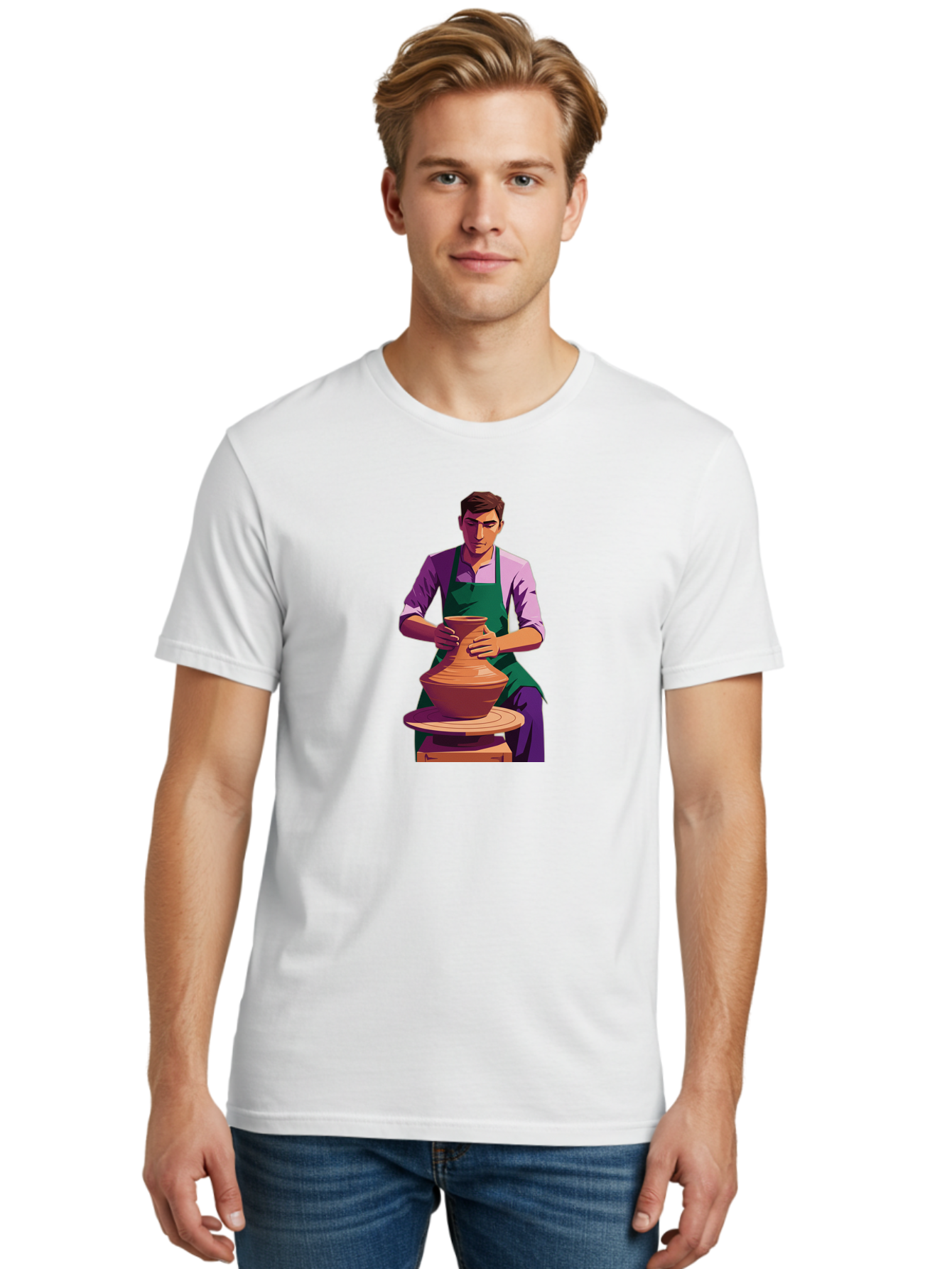 Potter-At-Work-5 Men'S Graphic Tee, 100% Cotton, Comfortable Casual Summer Wear, Machine Washable, Potter Shaping Clay, Handmade Pottery, Ceramic Art, Potter'S Wheel, Craftsmanship, Artisan Skills, Creative Process, Clay Modeling, Bab224