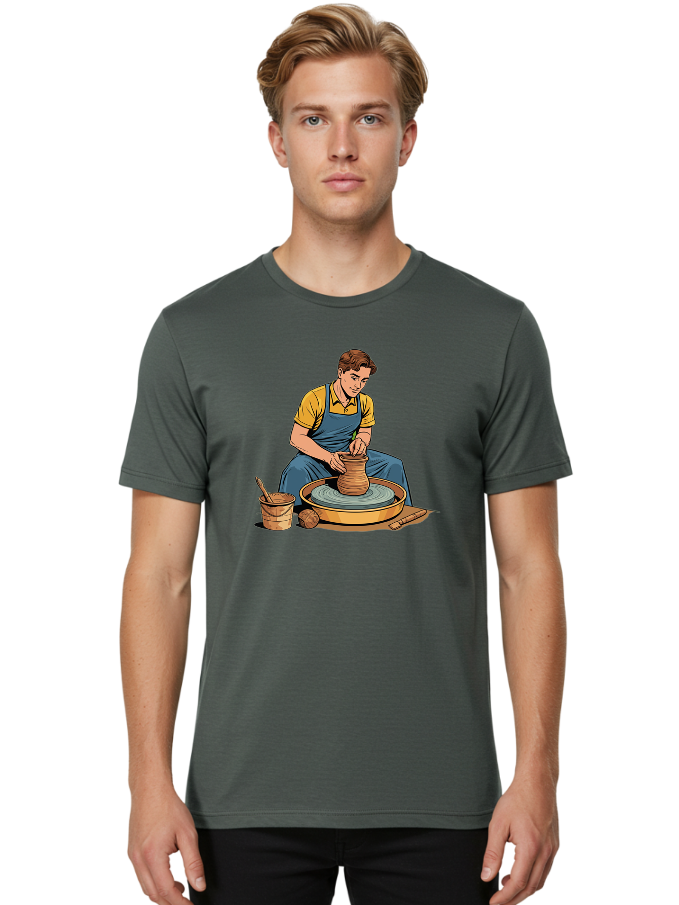 Potter-At-Work-9 Men'S Graphic Tee, 100% Cotton, Comfortable Casual Summer Wear, Machine Washable, Potter Shaping Clay, Pottery Wheel In Action, Crafting Ceramics, Artisanal Skills, Pottery Making, Handmade Crafts, Creative Process Bab228