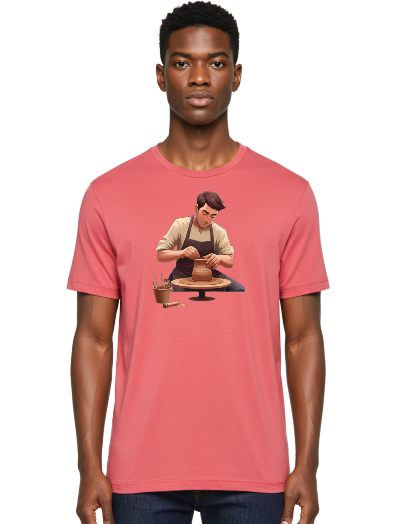 Potter-At-Work Men'S Graphic Tee, 100% Cotton, Comfortable Casual Summer Wear, Machine Washable, Potter Shaping Clay, Pottery Wheel, Creative Process, Craftsmanship, Handmade Ceramics, Artisanal Pottery, Clay Modeling, Pottery Tools Bab229