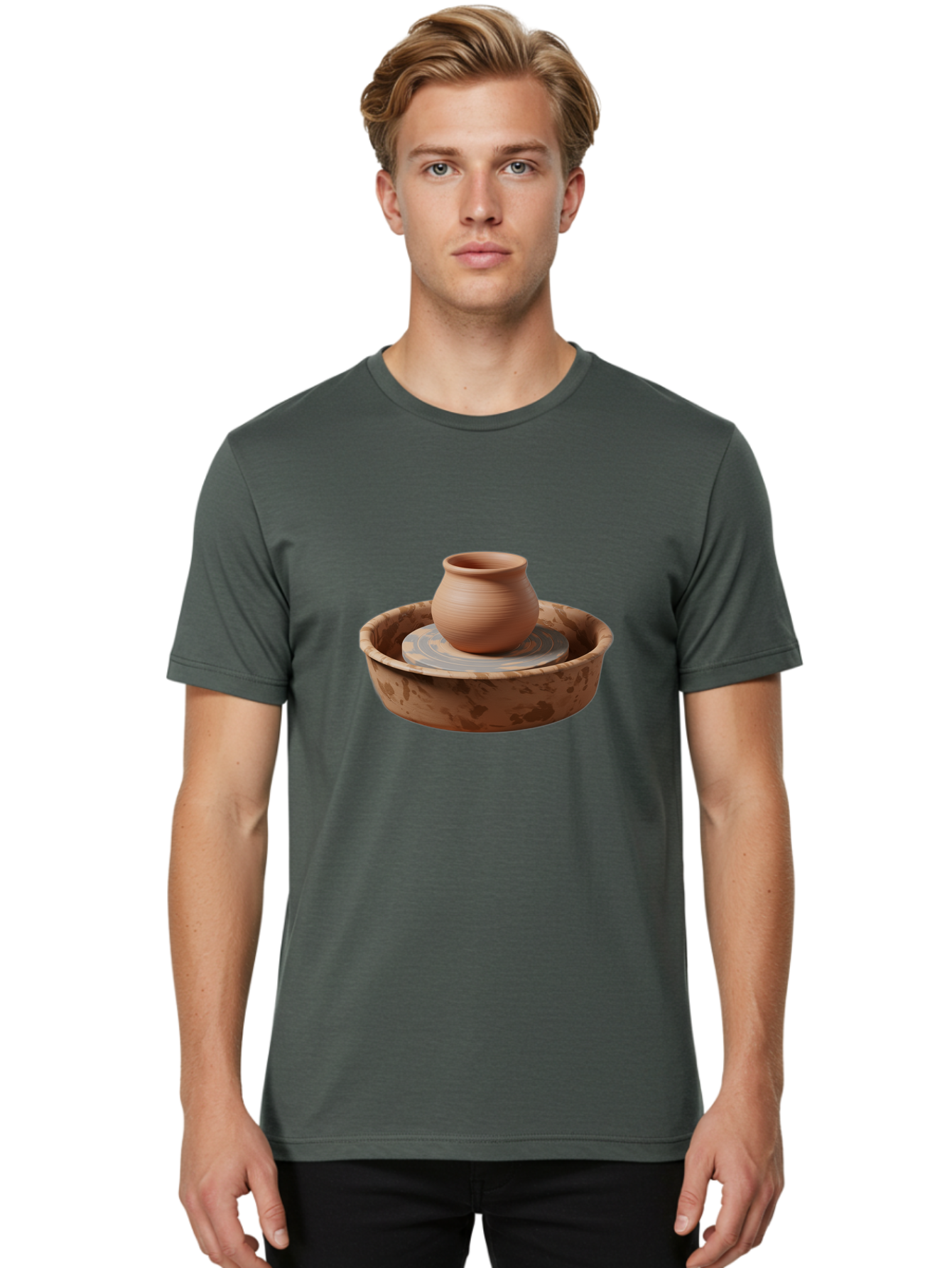 Potter-S-Wheel-With-Clay-Pot Men'S Graphic Tee, 100% Cotton, Comfortable Casual Summer Wear, Machine Washable, Pottery Wheel, Clay Pot, Ceramic Art, Handmade Crafts, Pottery Making, Clay Vessel, Terracotta, Artisan Work, Creative Process, Bab239