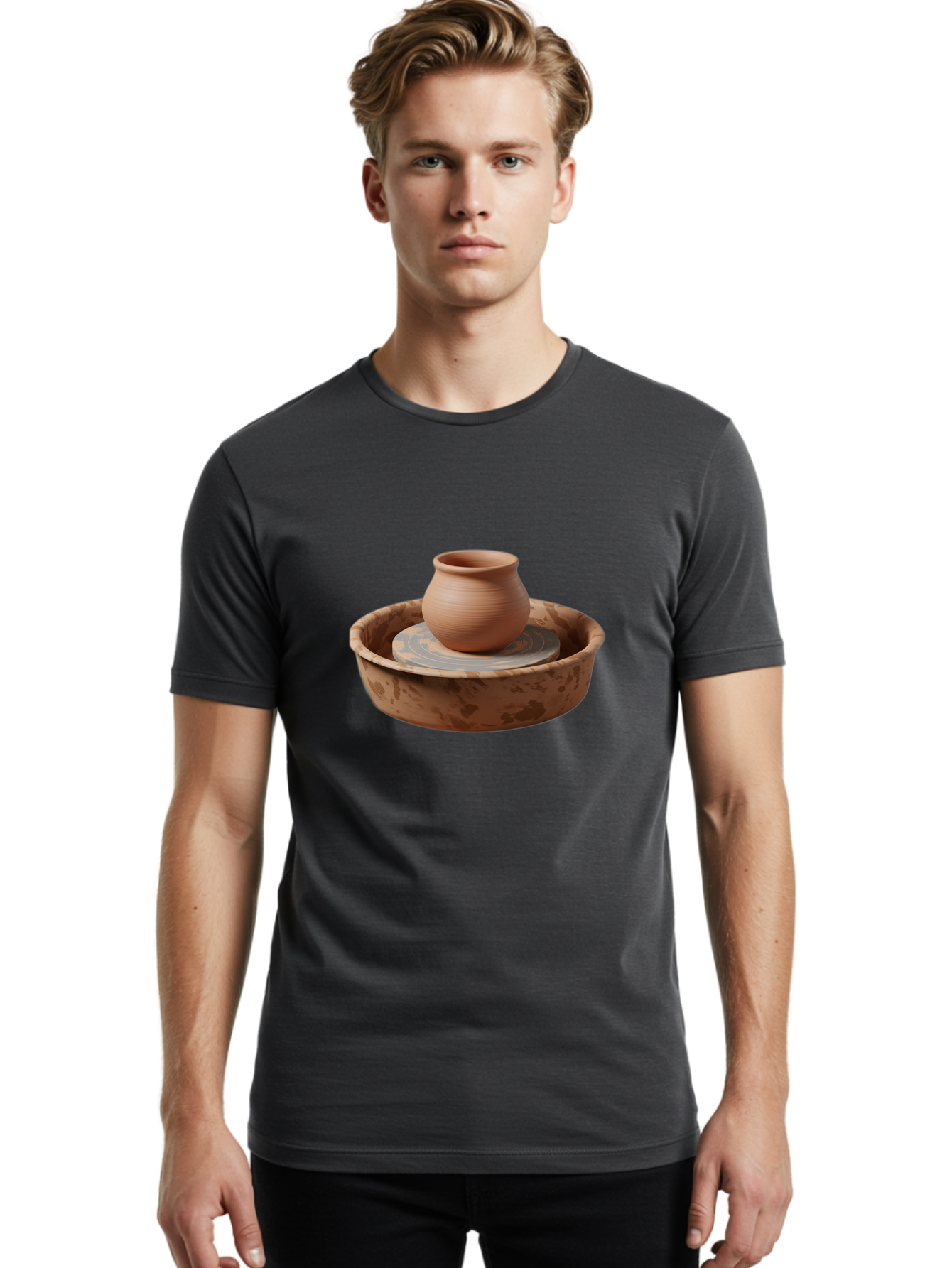 Potter-S-Wheel-With-Clay-Pot Men'S Graphic Tee, 100% Cotton, Comfortable Casual Summer Wear, Machine Washable, Pottery Wheel, Clay Pot, Ceramic Art, Handmade Crafts, Pottery Making, Clay Vessel, Terracotta, Artisan Work, Creative Process, Bab239