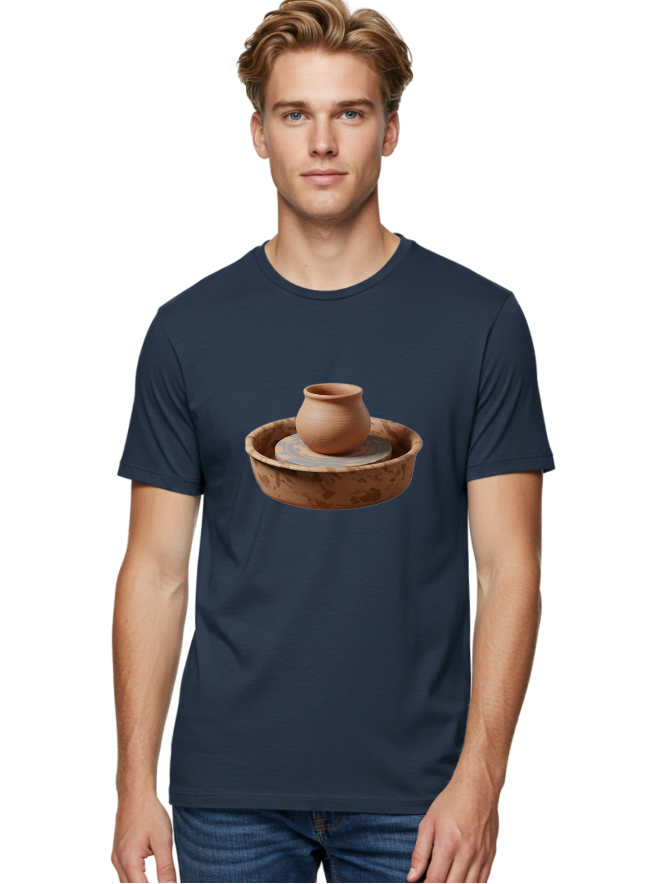Potter-S-Wheel-With-Clay-Pot Men'S Graphic Tee, 100% Cotton, Comfortable Casual Summer Wear, Machine Washable, Pottery Wheel, Clay Pot, Ceramic Art, Handmade Crafts, Pottery Making, Clay Vessel, Terracotta, Artisan Work, Creative Process, Bab239