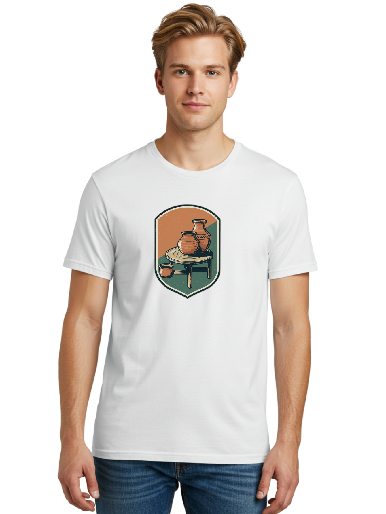 Pottery-On-Table Men'S Graphic Tee, 100% Cotton, Comfortable Casual Summer Wear, Machine Washable, Clay Pots, Earthy Tones, Ceramic Vases, Table Setting, Rustic Charm, Vintage Decor, Pottery, Traditional Craftsmanship, Handmade Ceramics Bab244