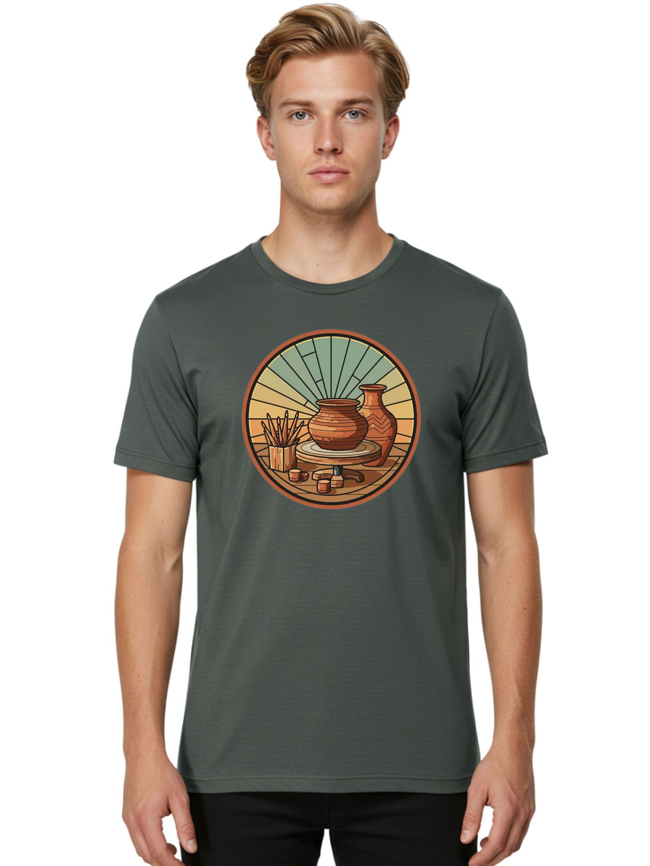 Pottery-Wheel-Illustration Men'S Graphic Tee, 100% Cotton, Comfortable Casual Summer Wear, Machine Washable, Clay Pot On Pottery Wheel, Ceramic Art, Handmade Pottery, Pottery Tools, Clay Vase, Decorative Ceramics, Artisanal Craftsmanship, Bab254