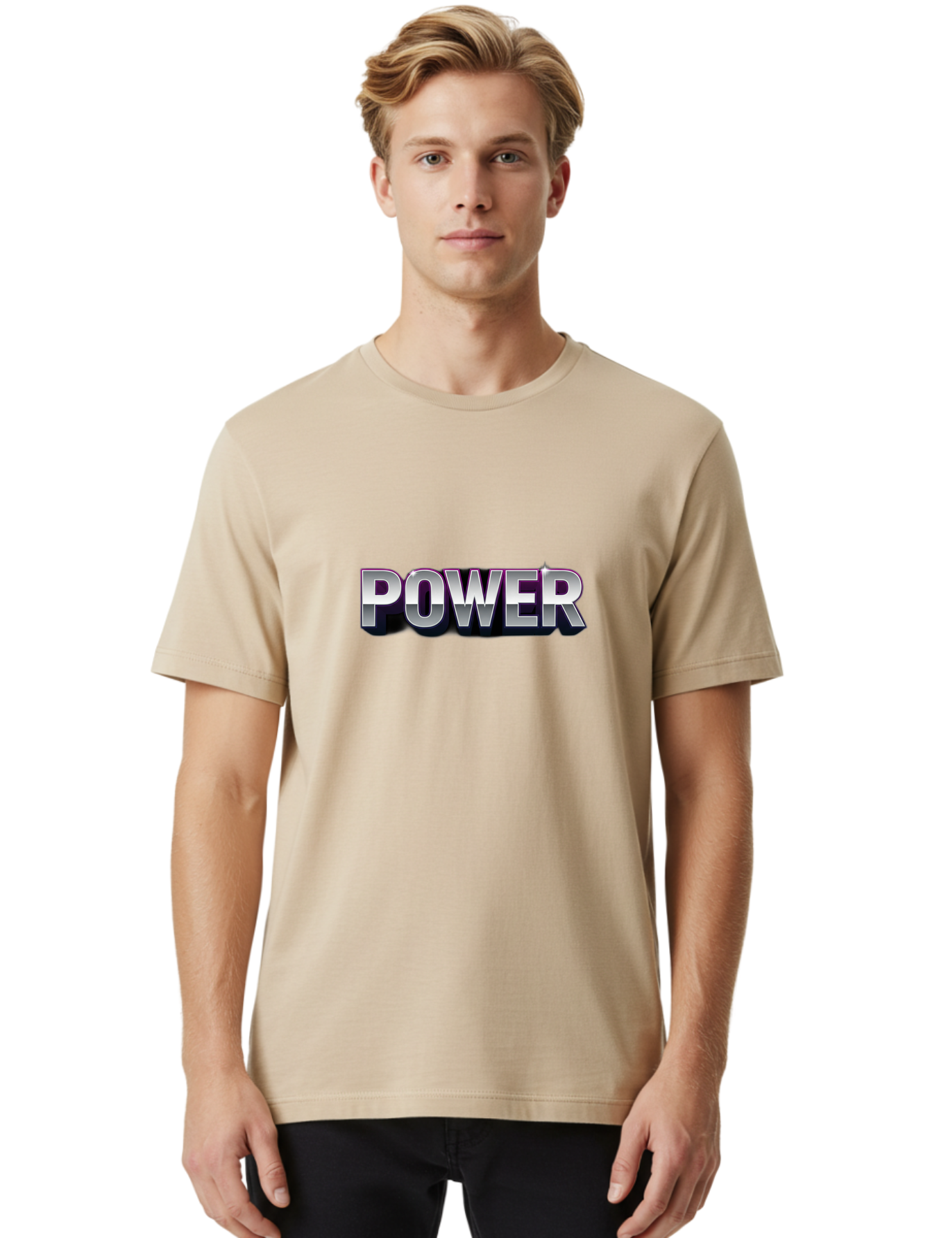 Power Men'S Graphic Tee, 100% Cotton, Comfortable Casual Summer Wear, Machine Washable, Power, Strength, Energy, Bold Font, Silver Text, 3D Effect, Chrome Finish, Motivational, Empowerment, Energy Boost Bab257