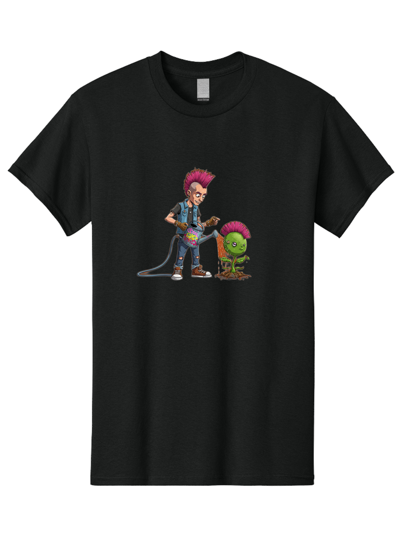 Punk-Watering-Plant Men'S Graphic Tee, 100% Cotton, Comfortable Casual Summer Wear, Machine Washable, Punk Rock Character, Mohawk Hairstyle, Watering Can, Graffiti Art, Punk Plant, Urban Gardening, Street Culture, Vibrant Colors, Bab260