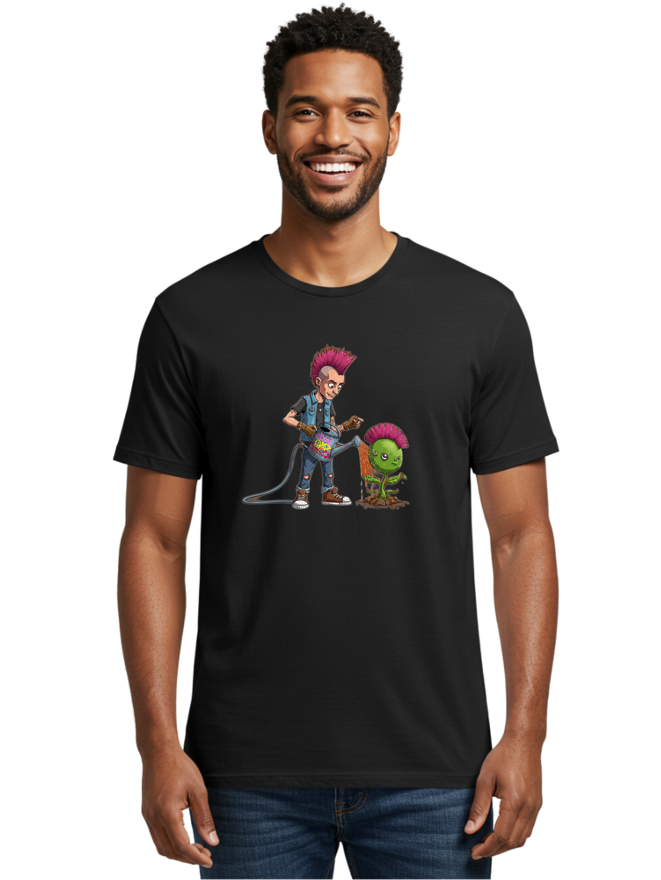 Punk-Watering-Plant Men'S Graphic Tee, 100% Cotton, Comfortable Casual Summer Wear, Machine Washable, Punk Rock Character, Mohawk Hairstyle, Watering Can, Graffiti Art, Punk Plant, Urban Gardening, Street Culture, Vibrant Colors, Bab260