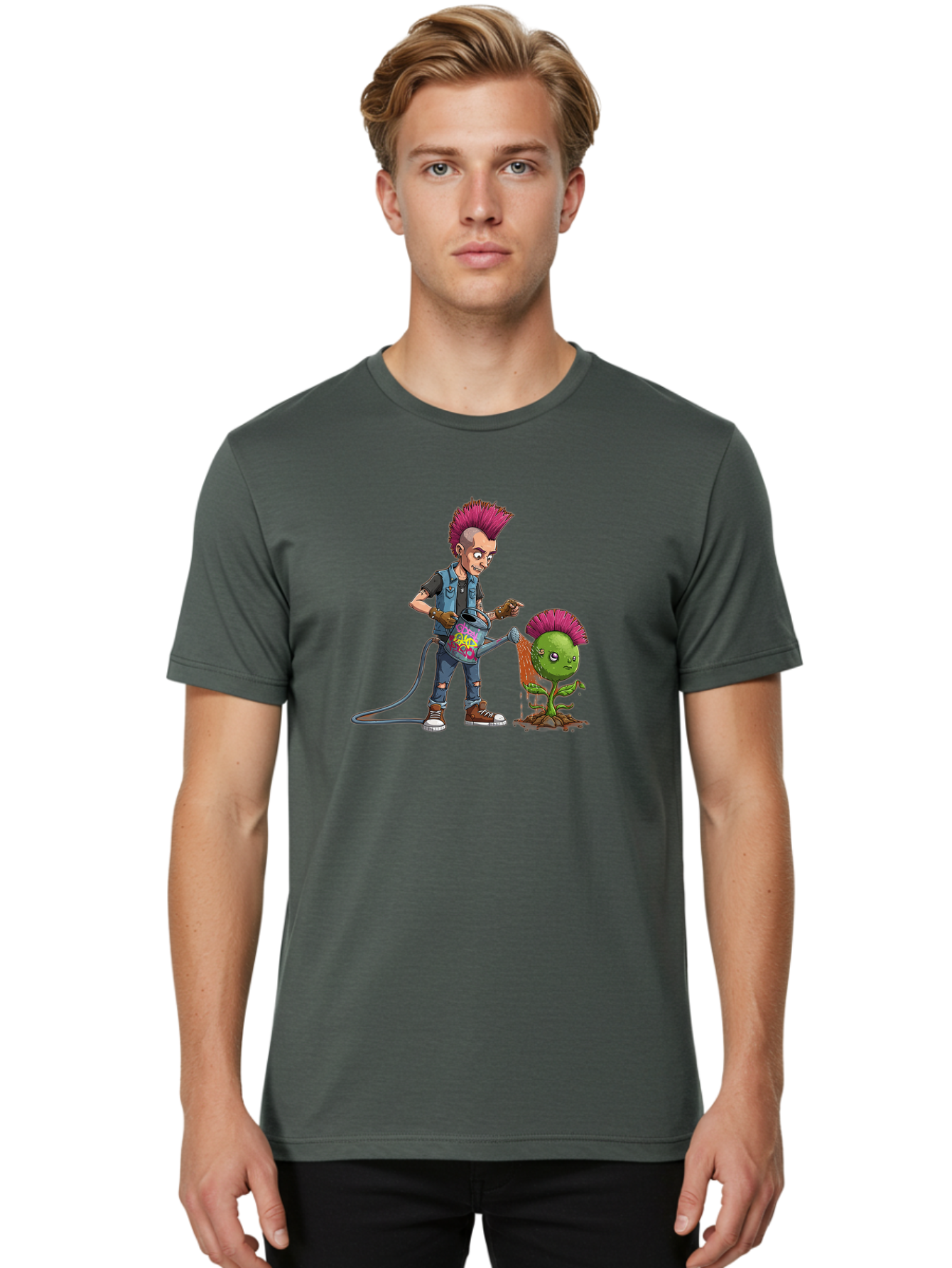 Punk-Watering-Plant Men'S Graphic Tee, 100% Cotton, Comfortable Casual Summer Wear, Machine Washable, Punk Rock Character, Mohawk Hairstyle, Watering Can, Graffiti Art, Punk Plant, Urban Gardening, Street Culture, Vibrant Colors, Bab260