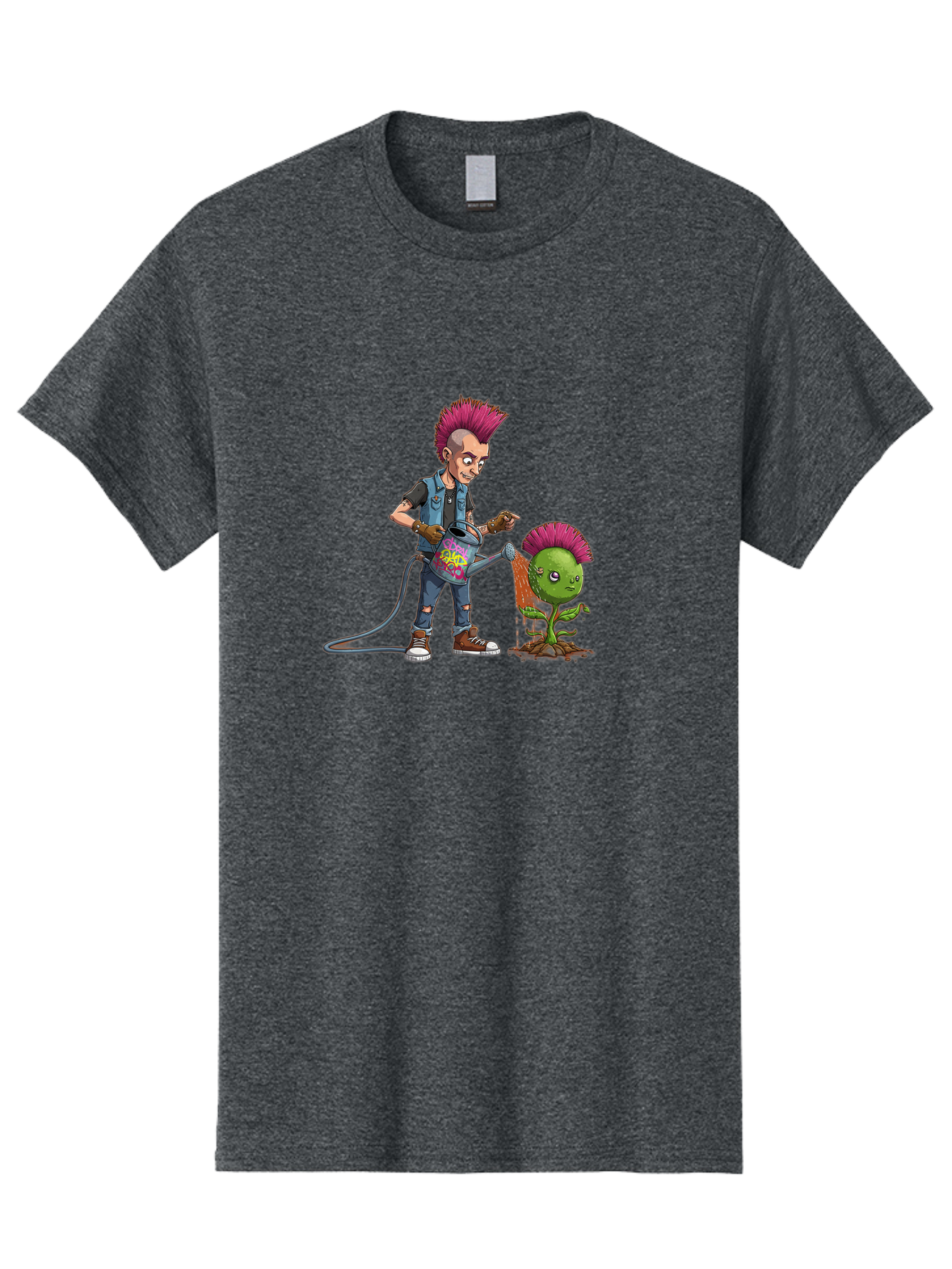 Punk-Watering-Plant Men'S Graphic Tee, 100% Cotton, Comfortable Casual Summer Wear, Machine Washable, Punk Rock Character, Mohawk Hairstyle, Watering Can, Graffiti Art, Punk Plant, Urban Gardening, Street Culture, Vibrant Colors, Bab260