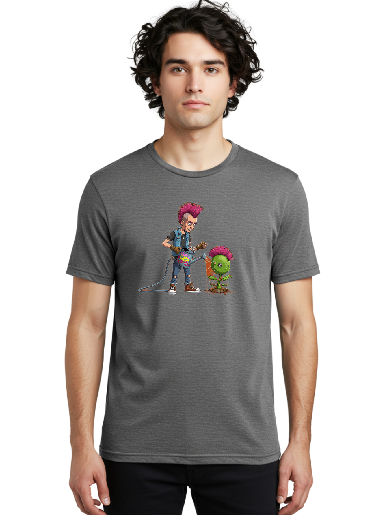 Punk-Watering-Plant Men'S Graphic Tee, 100% Cotton, Comfortable Casual Summer Wear, Machine Washable, Punk Rock Character, Mohawk Hairstyle, Watering Can, Graffiti Art, Punk Plant, Urban Gardening, Street Culture, Vibrant Colors, Bab260