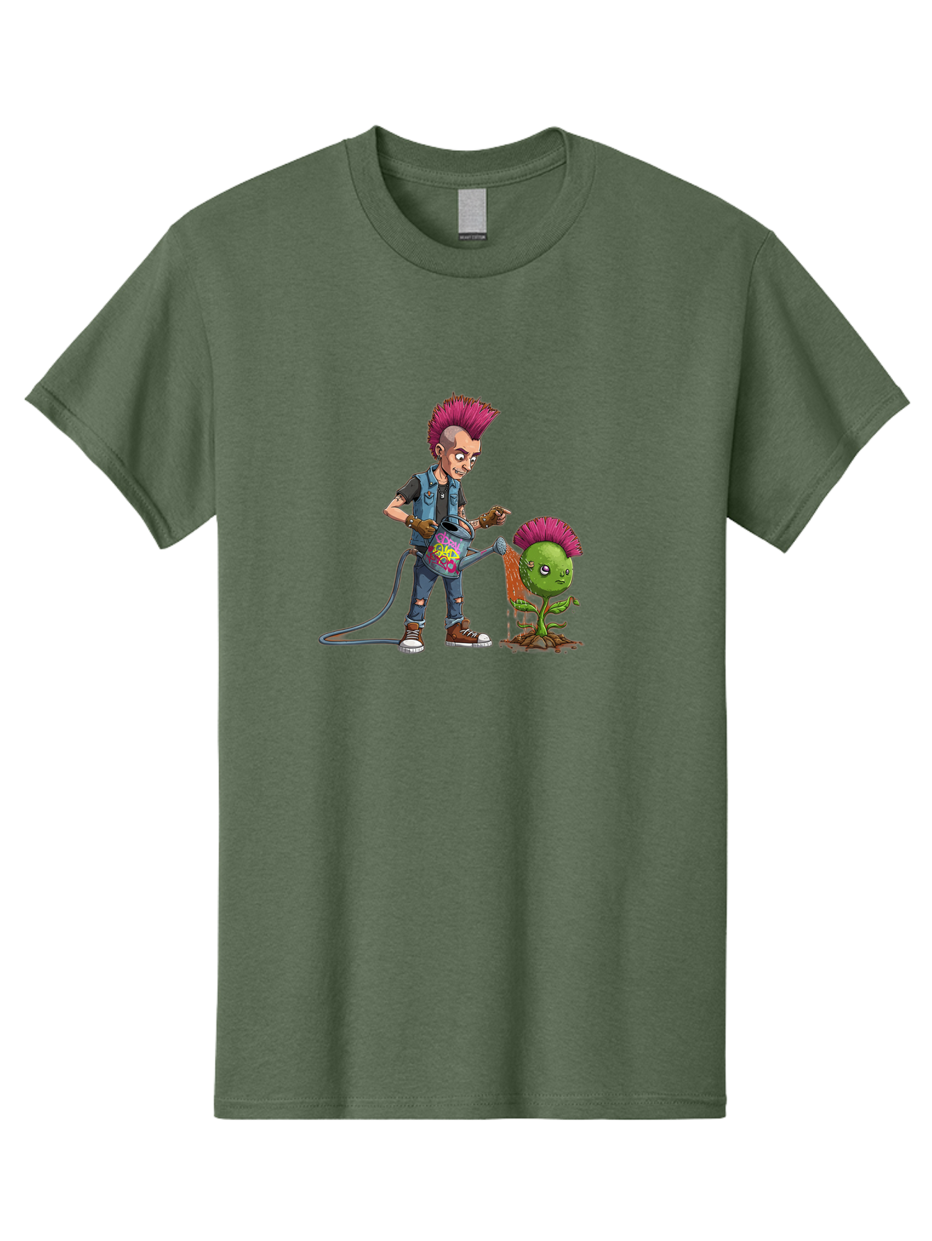 Punk-Watering-Plant Men'S Graphic Tee, 100% Cotton, Comfortable Casual Summer Wear, Machine Washable, Punk Rock Character, Mohawk Hairstyle, Watering Can, Graffiti Art, Punk Plant, Urban Gardening, Street Culture, Vibrant Colors, Bab260