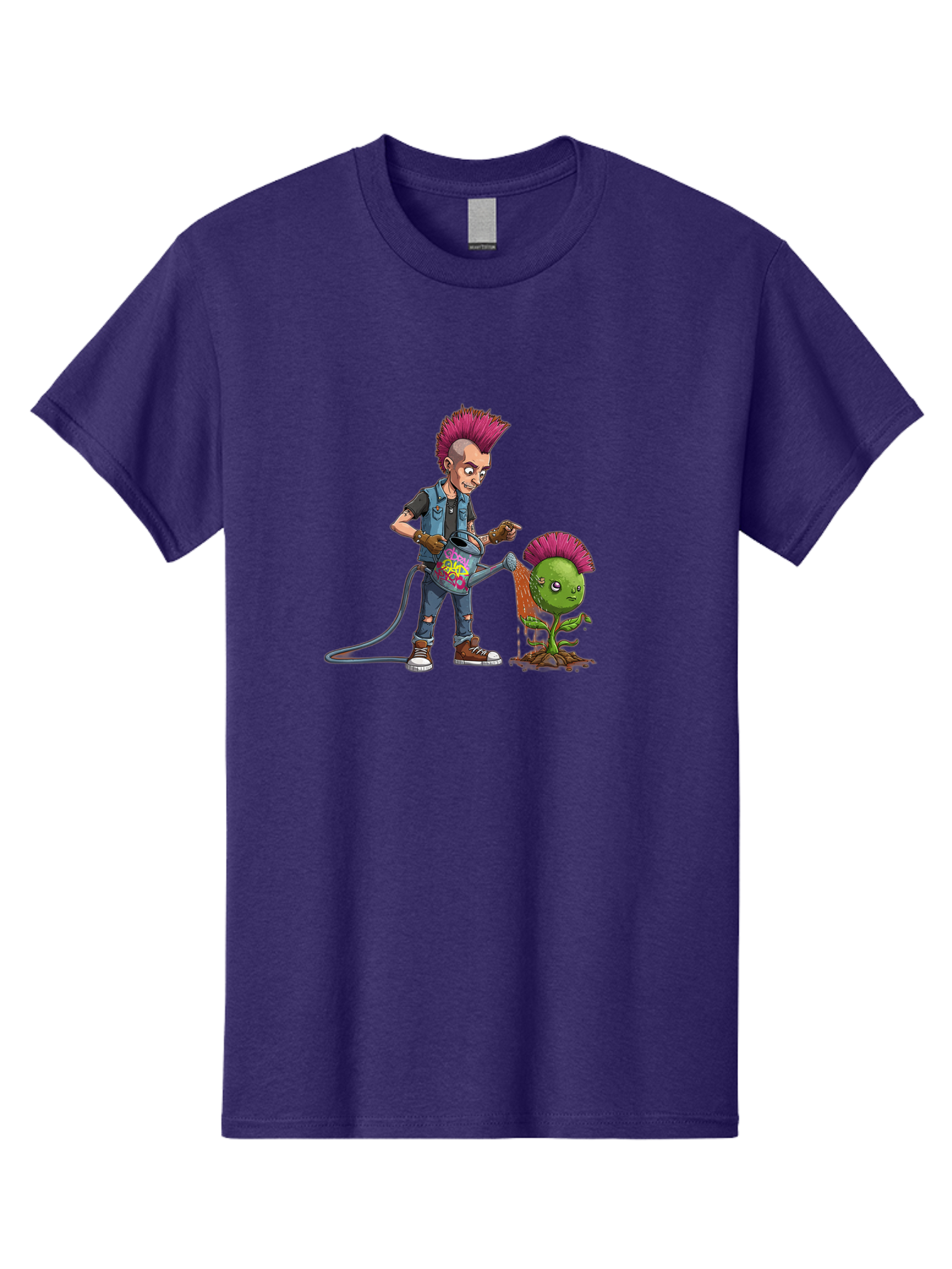 Punk-Watering-Plant Men'S Graphic Tee, 100% Cotton, Comfortable Casual Summer Wear, Machine Washable, Punk Rock Character, Mohawk Hairstyle, Watering Can, Graffiti Art, Punk Plant, Urban Gardening, Street Culture, Vibrant Colors, Bab260