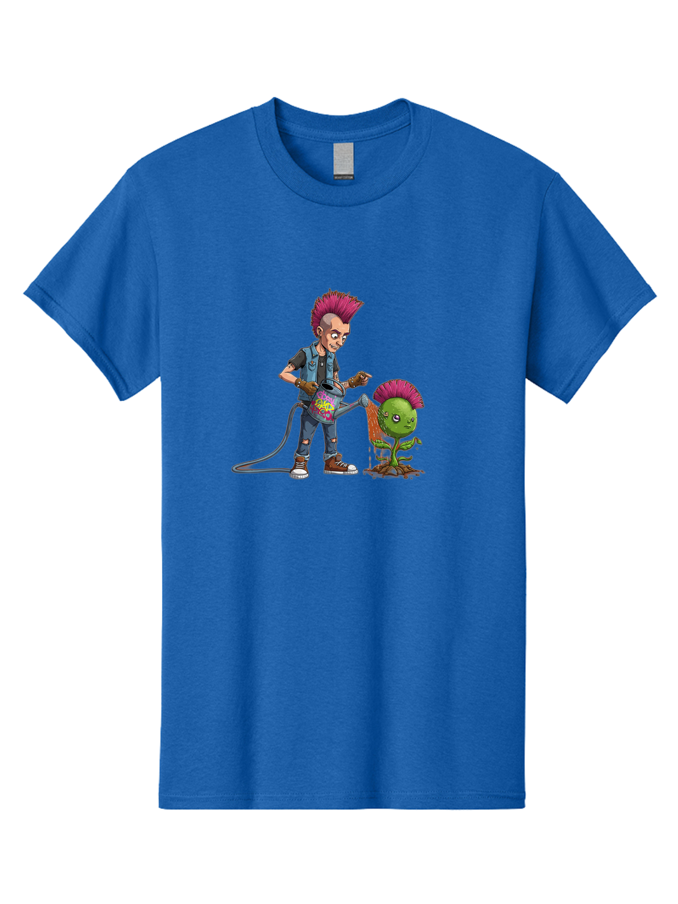 Punk-Watering-Plant Men'S Graphic Tee, 100% Cotton, Comfortable Casual Summer Wear, Machine Washable, Punk Rock Character, Mohawk Hairstyle, Watering Can, Graffiti Art, Punk Plant, Urban Gardening, Street Culture, Vibrant Colors, Bab260
