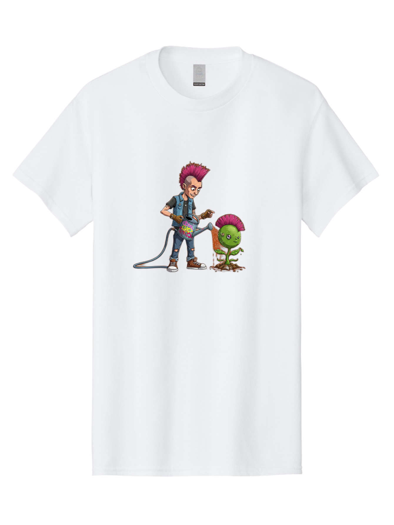 Punk-Watering-Plant Men'S Graphic Tee, 100% Cotton, Comfortable Casual Summer Wear, Machine Washable, Punk Rock Character, Mohawk Hairstyle, Watering Can, Graffiti Art, Punk Plant, Urban Gardening, Street Culture, Vibrant Colors, Bab260