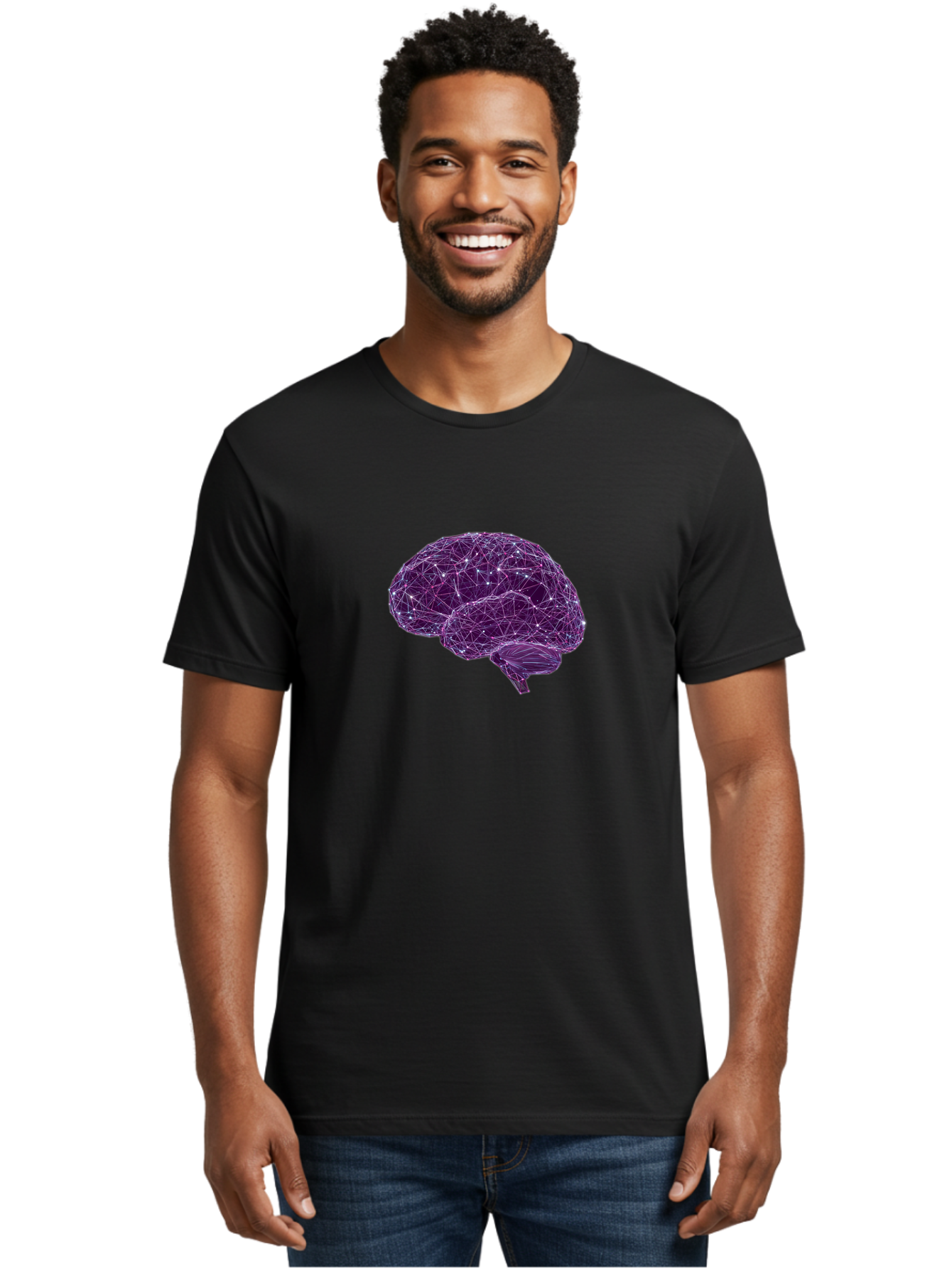 Purple-Brain Men'S Graphic Tee, 100% Cotton, Comfortable Casual Summer Wear, Machine Washable, Digital Brain, Futuristic, Artificial Intelligence, 3D Rendering, Low Poly, Geometric, Neural Connections, Cognitive Function, Technology, Bab261