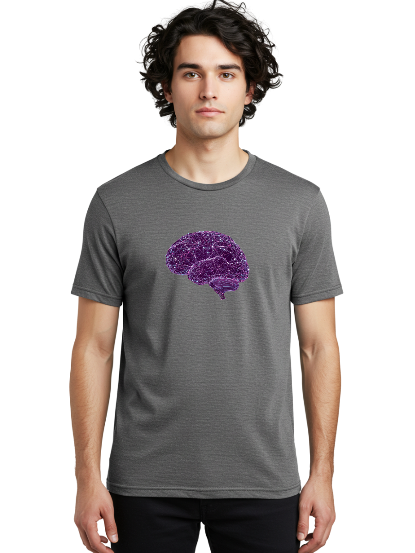 Purple-Brain Men'S Graphic Tee, 100% Cotton, Comfortable Casual Summer Wear, Machine Washable, Digital Brain, Futuristic, Artificial Intelligence, 3D Rendering, Low Poly, Geometric, Neural Connections, Cognitive Function, Technology, Bab261