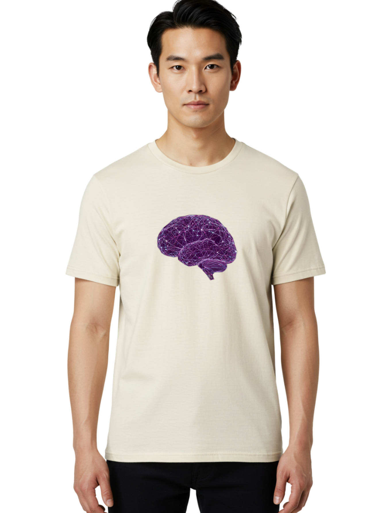 Purple-Brain Men'S Graphic Tee, 100% Cotton, Comfortable Casual Summer Wear, Machine Washable, Digital Brain, Futuristic, Artificial Intelligence, 3D Rendering, Low Poly, Geometric, Neural Connections, Cognitive Function, Technology, Bab261