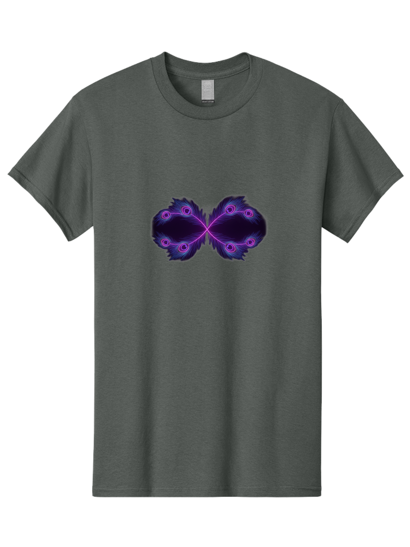 Purple-Feathers-Butterfly Men'S Graphic Tee, 100% Cotton, Comfortable Casual Summer Wear, Machine Washable, Purple Feather Design, Butterfly Shape, Neon Purple Accents, Circular Patterns, Symmetrical Art, Digital Illustration, Fantasy Art, Bab262